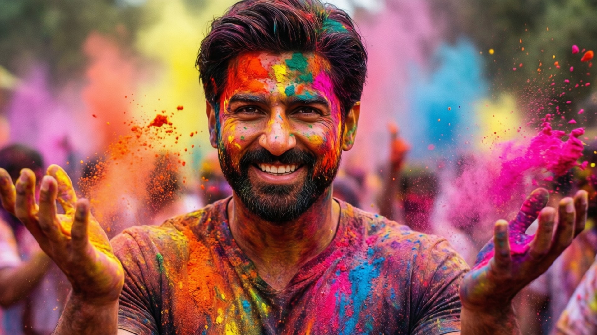 Holi Colors 壁紙 — 一位留鬍子的快樂男子在節日期間，彩色粉末在他周圍爆炸，他露出燦爛的笑容。