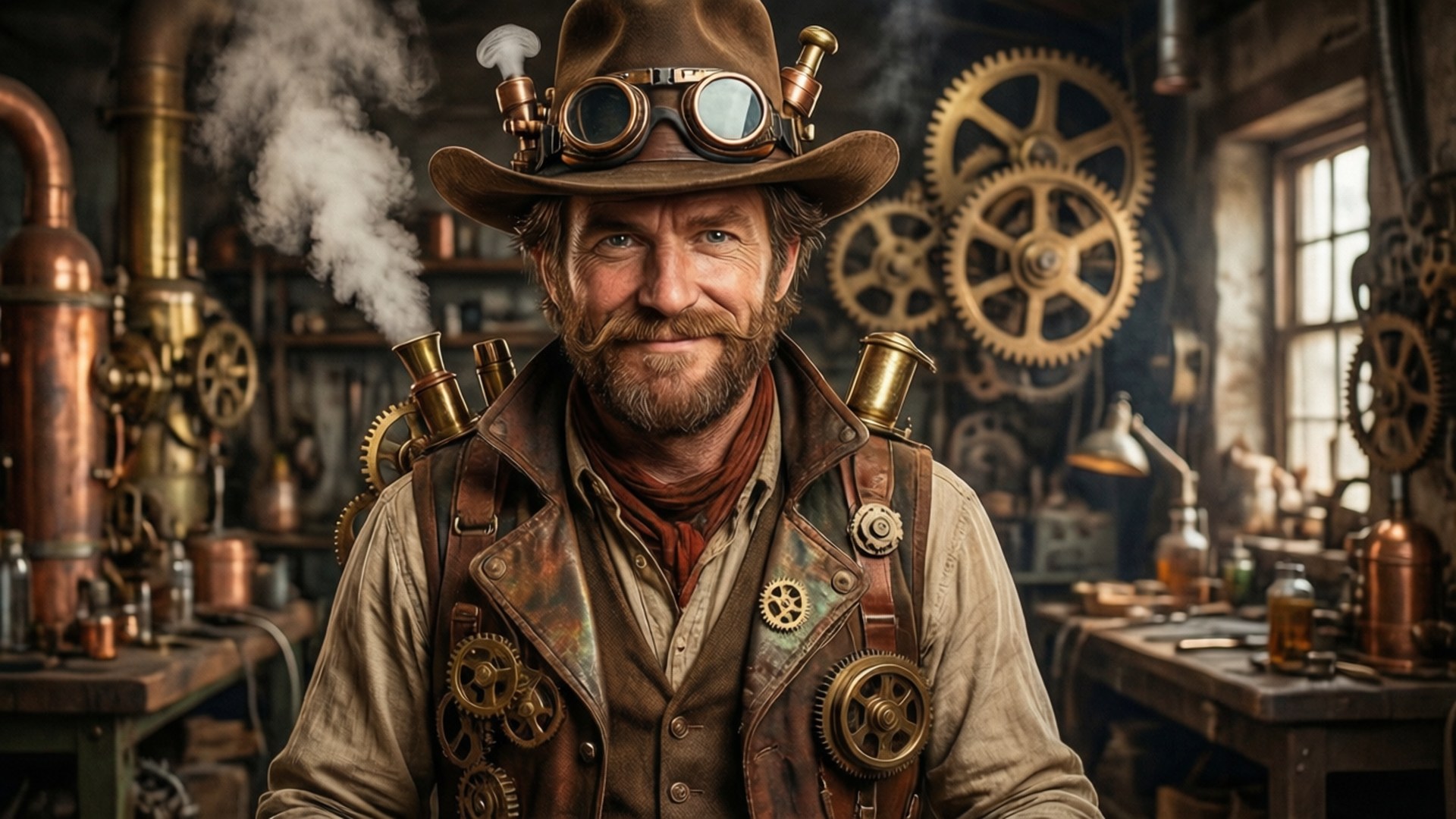 Steampunk Woody 壁紙 — 一位留鬍子的蒸氣龐克發明家，戴著護目鏡和飾有齒輪的背心，在充滿齒輪和蒸汽的銅與黃銅工坊中微笑。