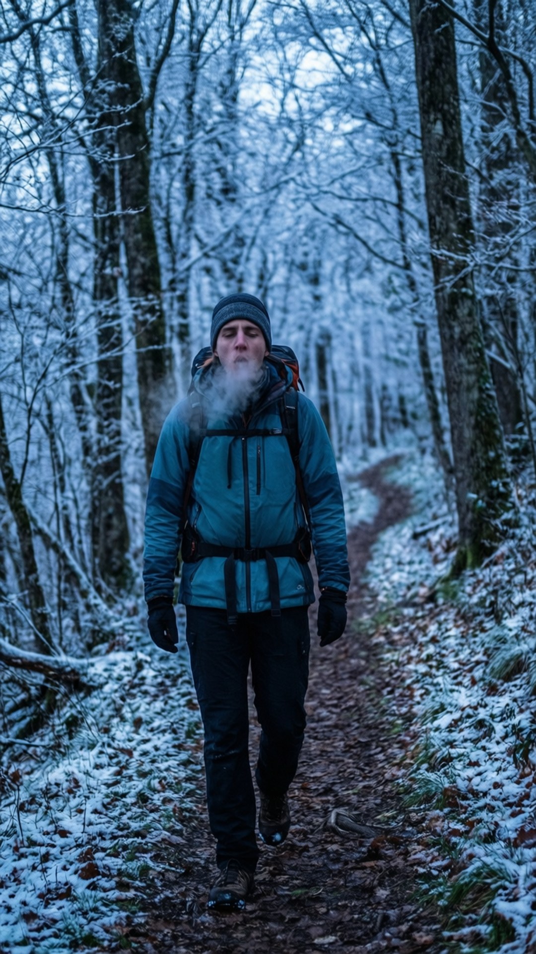 Winter Silence 壁紙 — 一位留著白鬍子的男人走在白雪覆蓋的森林小徑上，在寒冷的藍光中呼出霧氣。
