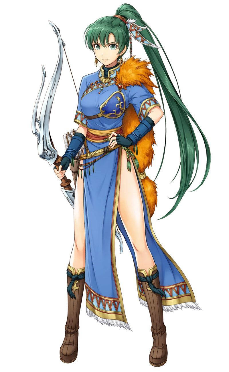 動漫女弓箭手，身穿藍色鎧甲，綠髮，橙色毛邊，手持彎刀。 — Fire Emblem Warriors 壁紙