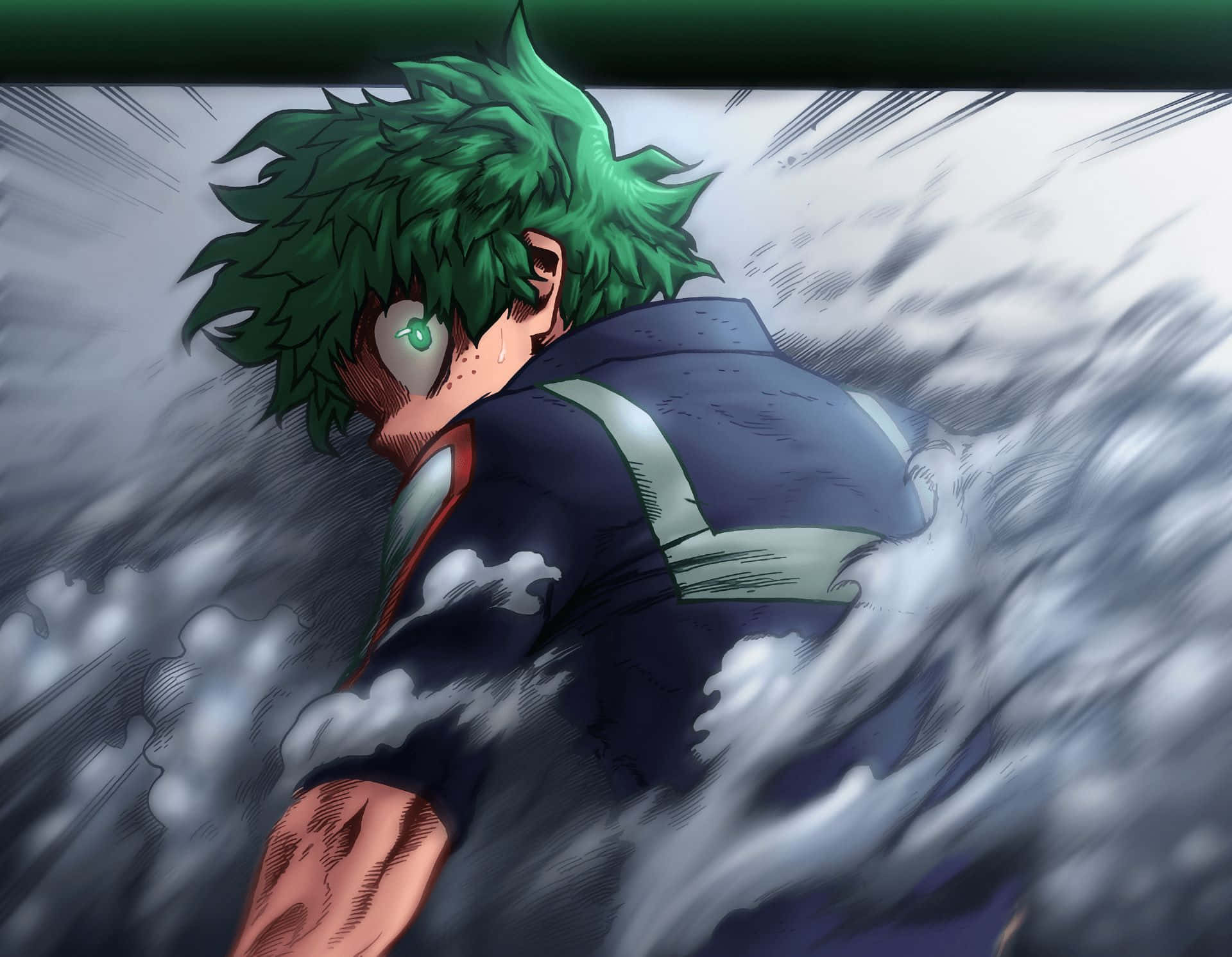 Dark Deku 桌布 壁紙 — 一位綠髮動漫英雄身穿藍色西裝，以強烈的專注力衝破白色能量風暴。