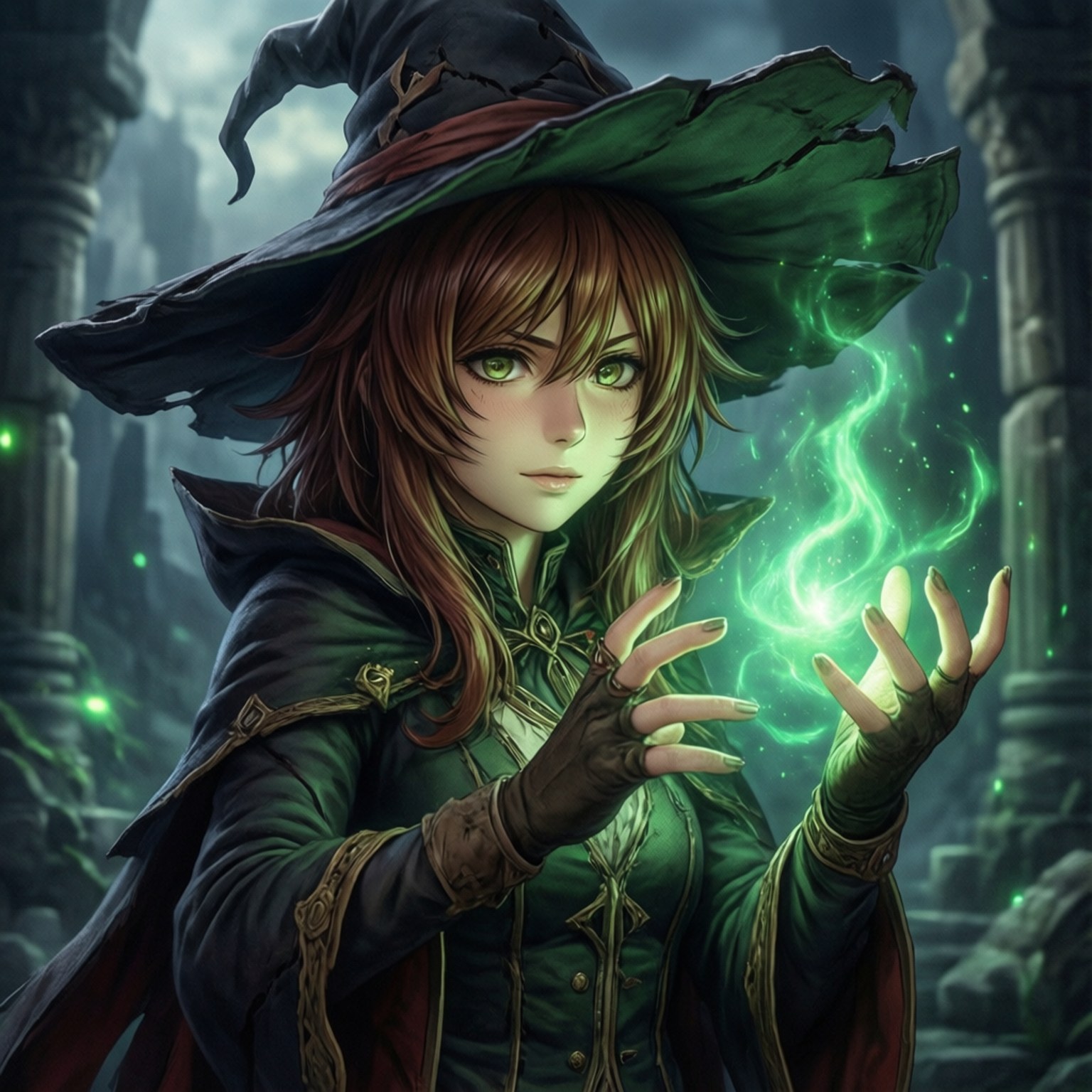 Roxy the Healer 壁紙 — 一位綠眼睛、戴著破舊帽子的年輕女巫，在迷霧廢墟中雙手之間引導發光的綠色魔法。