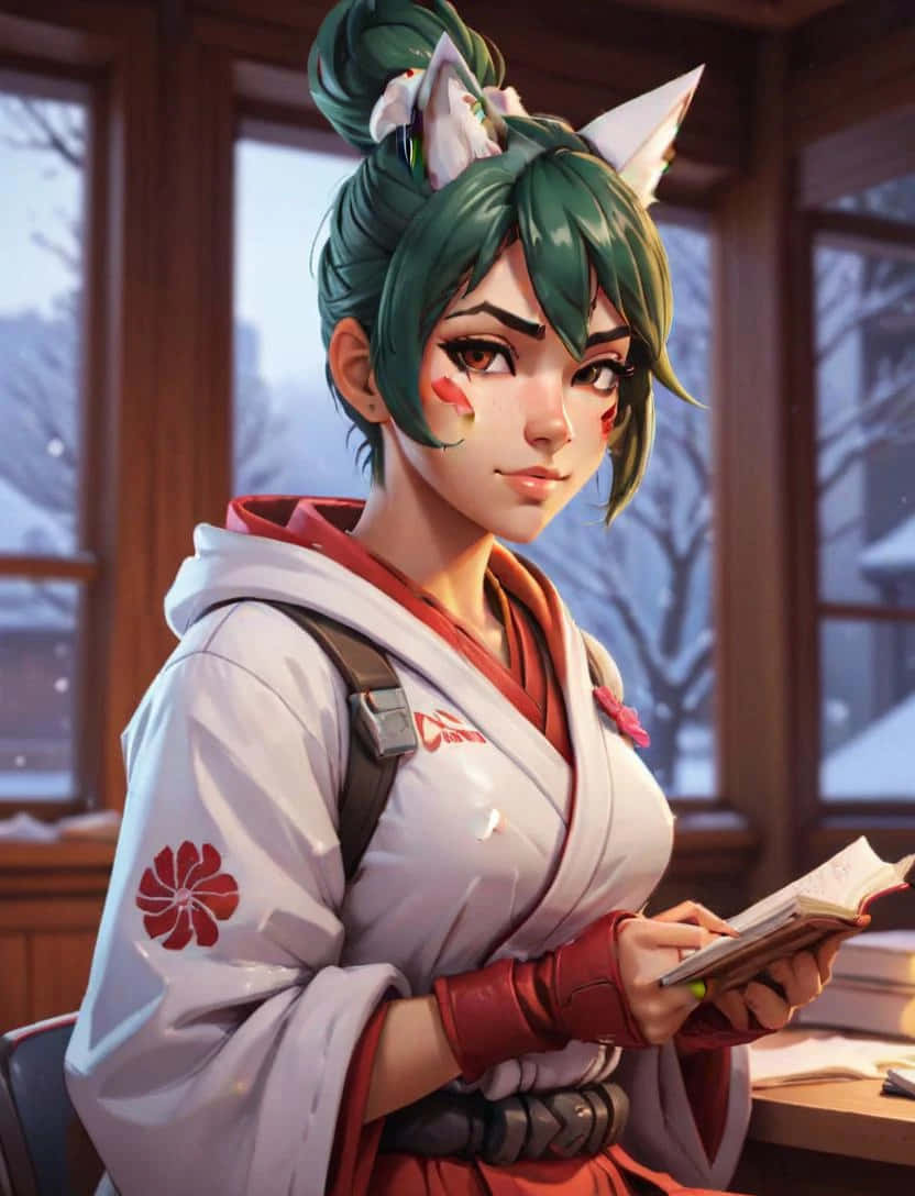  壁紙 — 一位綠髮狐耳動漫少女穿著白色和服，在雪窗前看書。