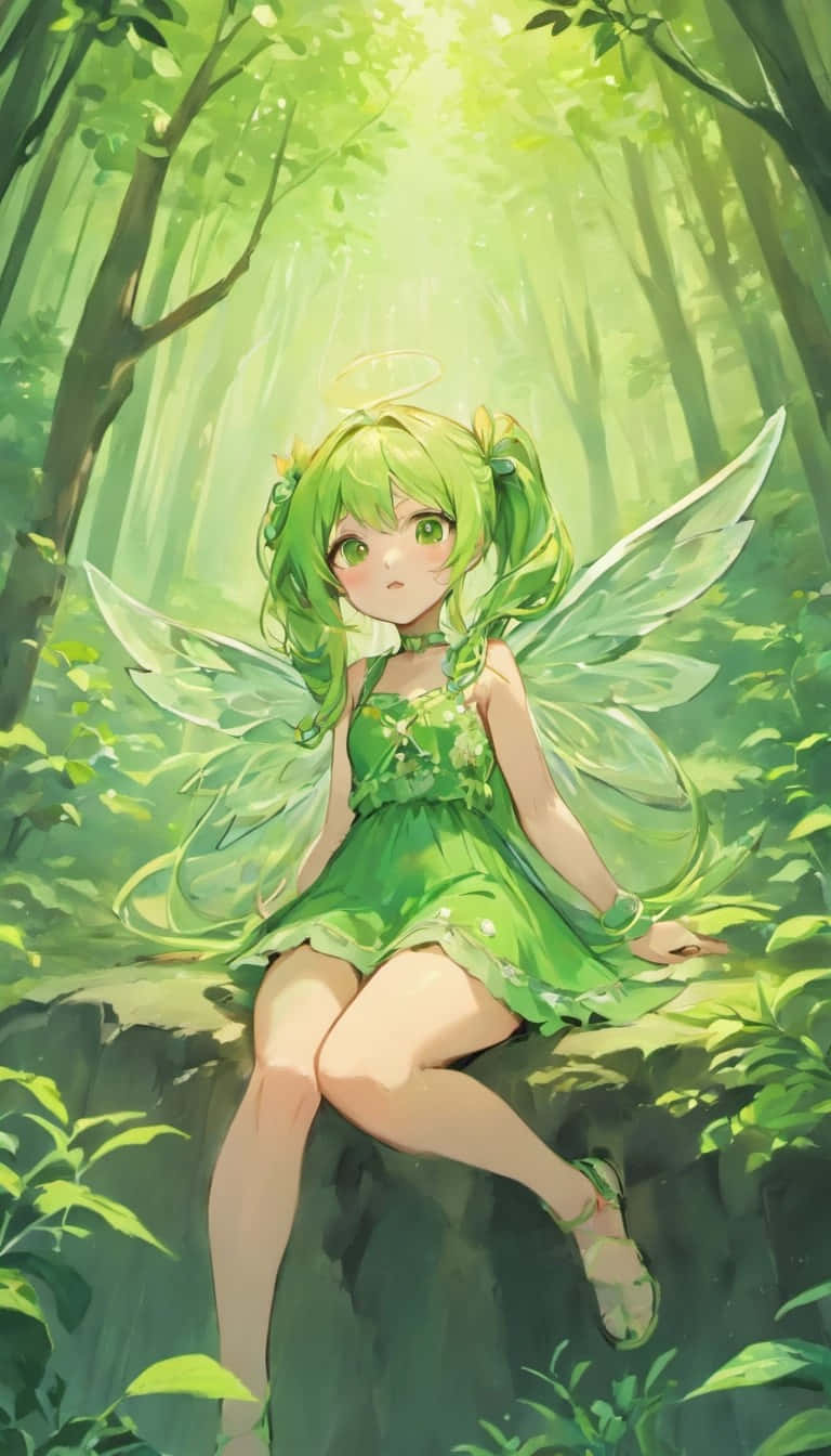  壁紙 — 一位綠髮仙女擁有半透明翅膀，靜靜地坐在陽光斑駁的森林中一塊長滿苔蘚的石頭上。