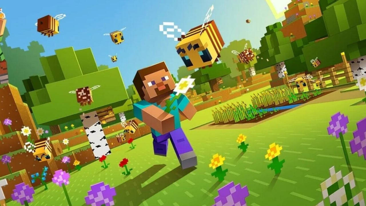 Minecraft角色在方塊風景中手持雛菊，被蜜蜂和花朵環繞。 — 可愛的 Minecraft 壁紙