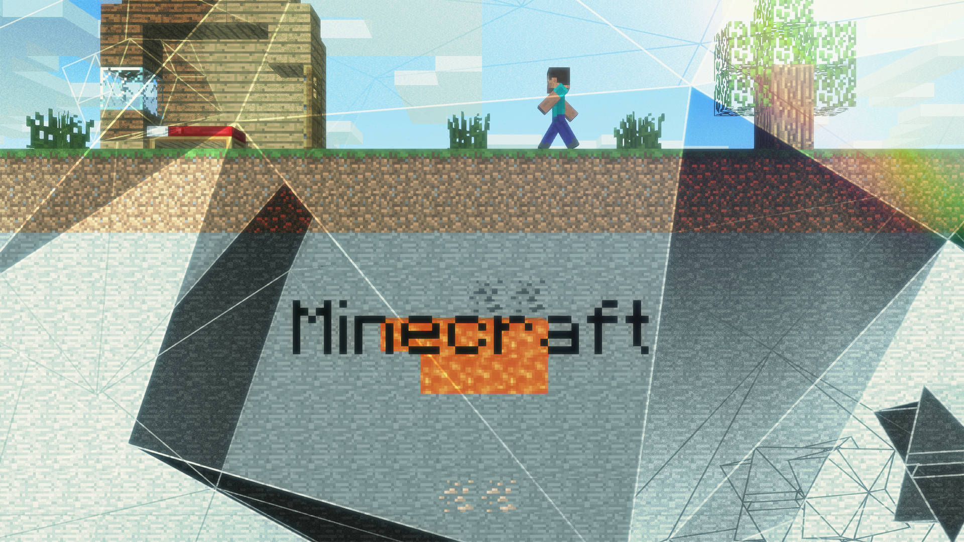 Minecraft玩家在木屋和樹木附近的草地上行走。 — 4K Minecraft 壁紙 壁紙