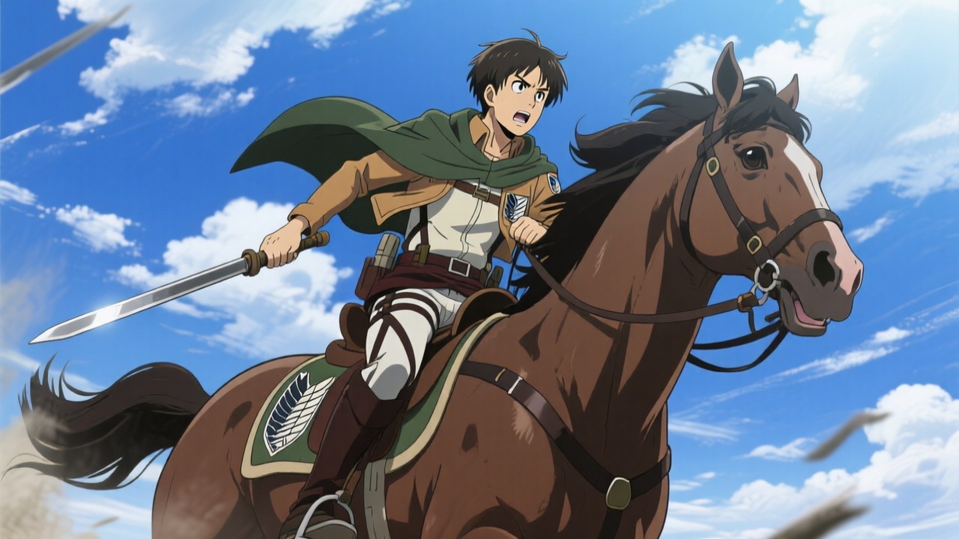 Erwin's Charge 壁紙 — 一位年輕的動漫戰士騎著一匹奔騰的棕色馬，在明亮的藍天白雲下揮舞著劍。