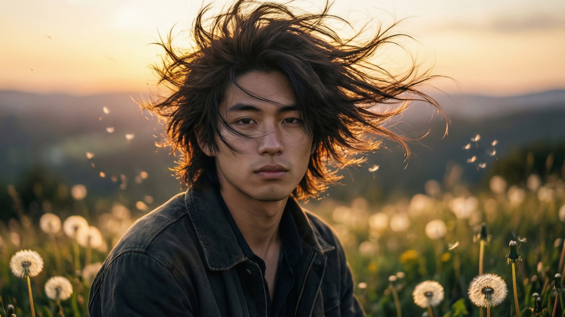 Windblown Hair 壁紙 — 一位年輕男子，深色頭髮被風吹亂，在金色時刻的蒲公英田中平靜地凝視鏡頭。