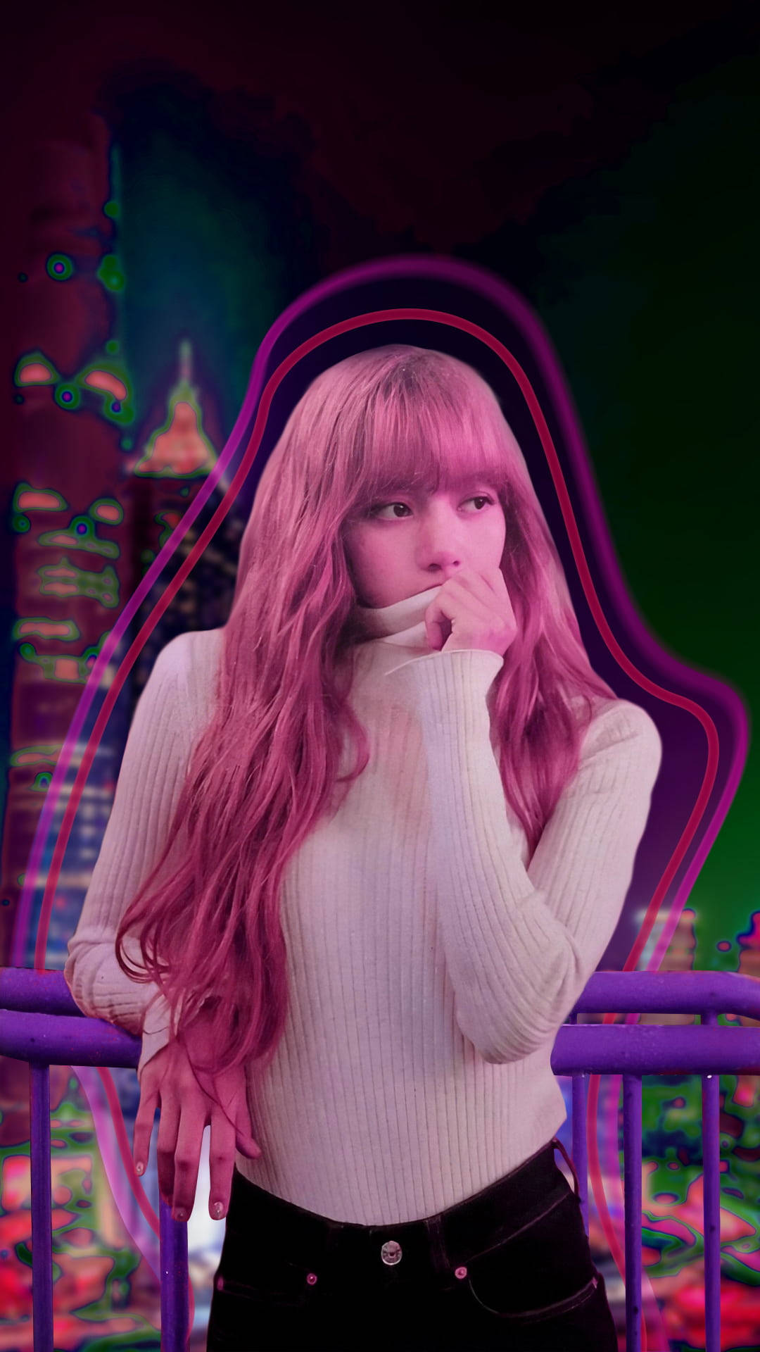 粉紅髮女性穿白色毛衣，在霓虹城市陽台上 — Blackpink 壁紙