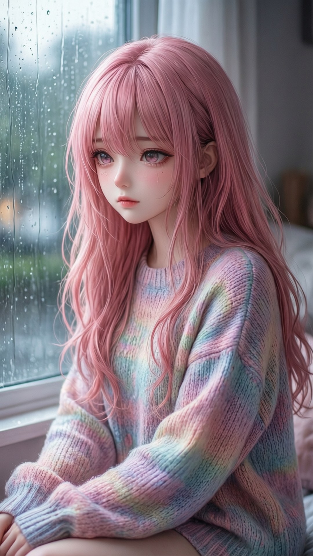 Rainy Anime Girl 壁紙 — 一位年輕女性留著長長的粉紅色頭髮，坐在被雨水打濕的窗邊，穿著一件粉彩彩虹針織毛衣。