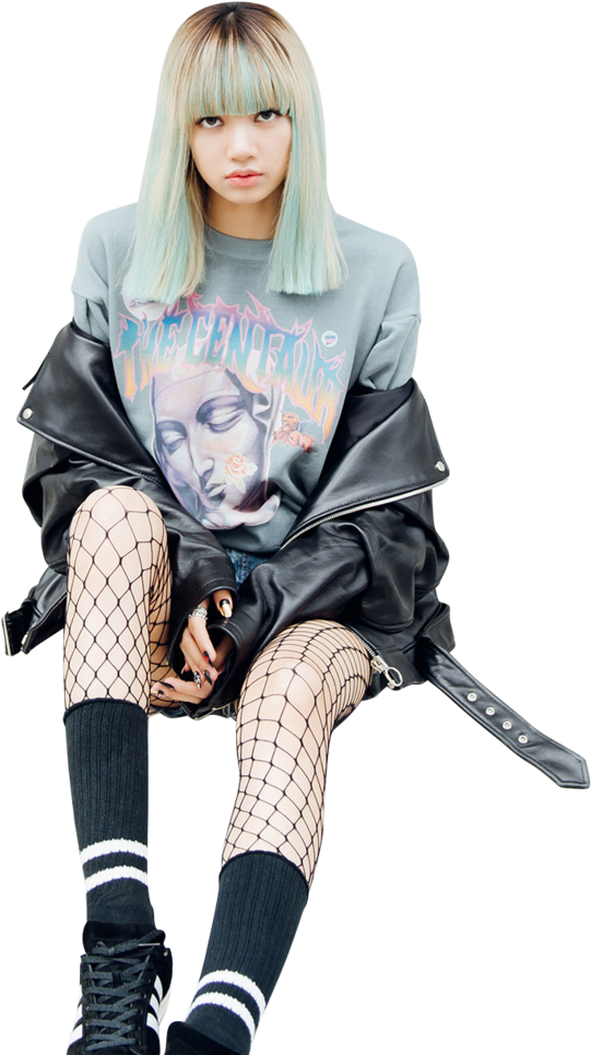 年輕女性，粉綠色頭髮，身穿皮夾克和網襪。 — Blackpink 壁紙