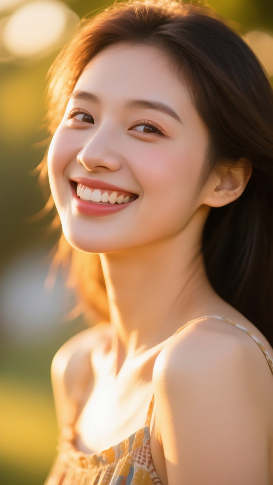 Radiant Smile Portrait 壁紙 — 一位年輕女性在柔和散景背景下，於金色陽光中溫暖微笑。