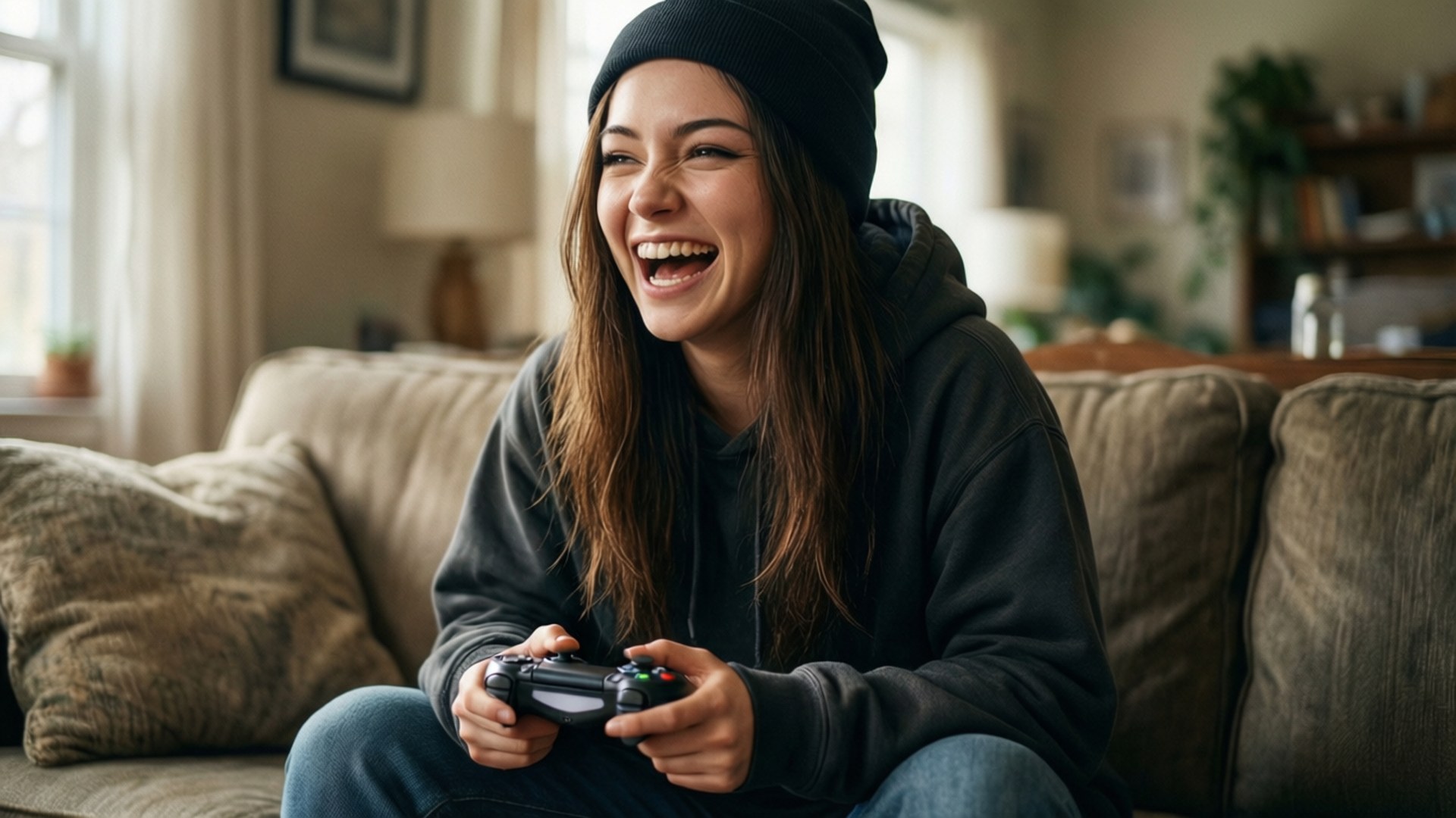 Casual Gaming Pokimane 壁紙 — 一位年輕女性在舒適的客廳沙發上玩電子遊戲，開懷大笑。