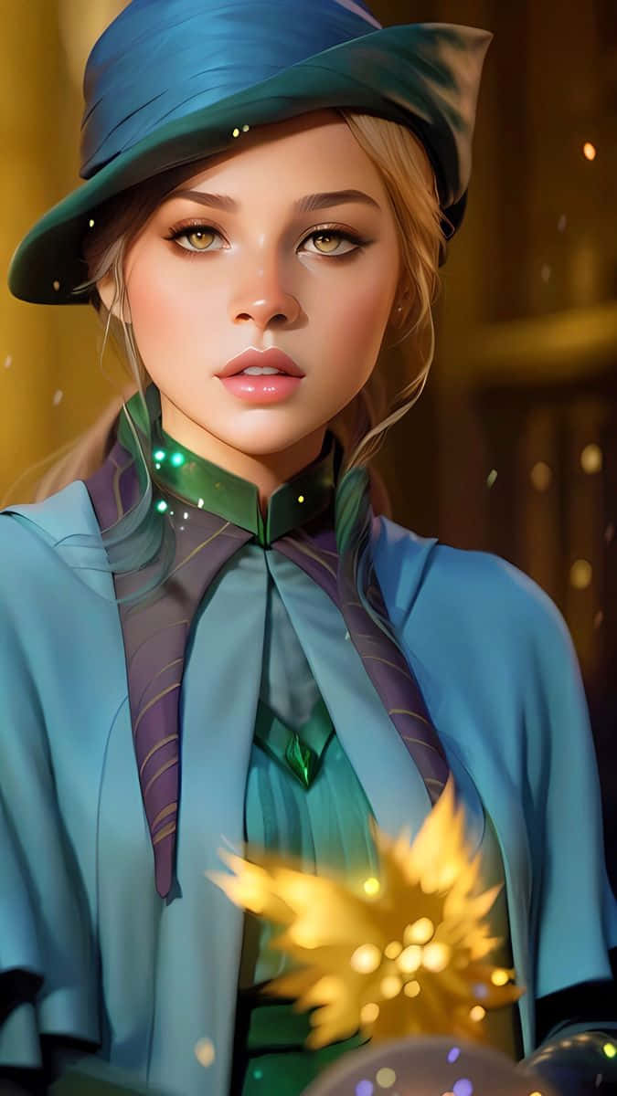  壁紙 — 一位年輕女子戴著藍綠色帽子和外套，手持一顆發光的金色球體，周圍漂浮著閃爍的粒子。