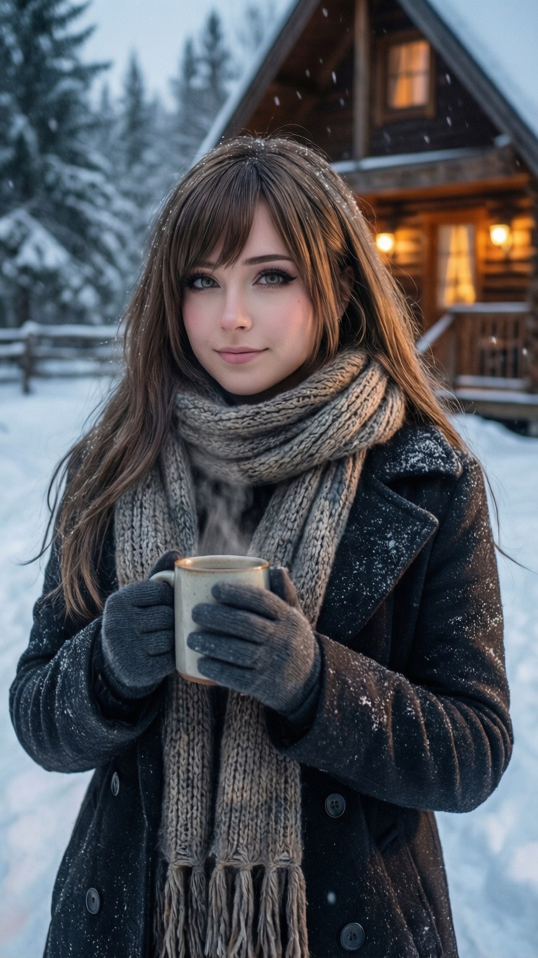 Winter Cozy Pokimane 壁紙 — 一位年輕女子身穿黑色外套和針織圍巾，在積雪的小屋外拿著冒著熱氣的杯子，溫柔的雪花在她周圍飄落。