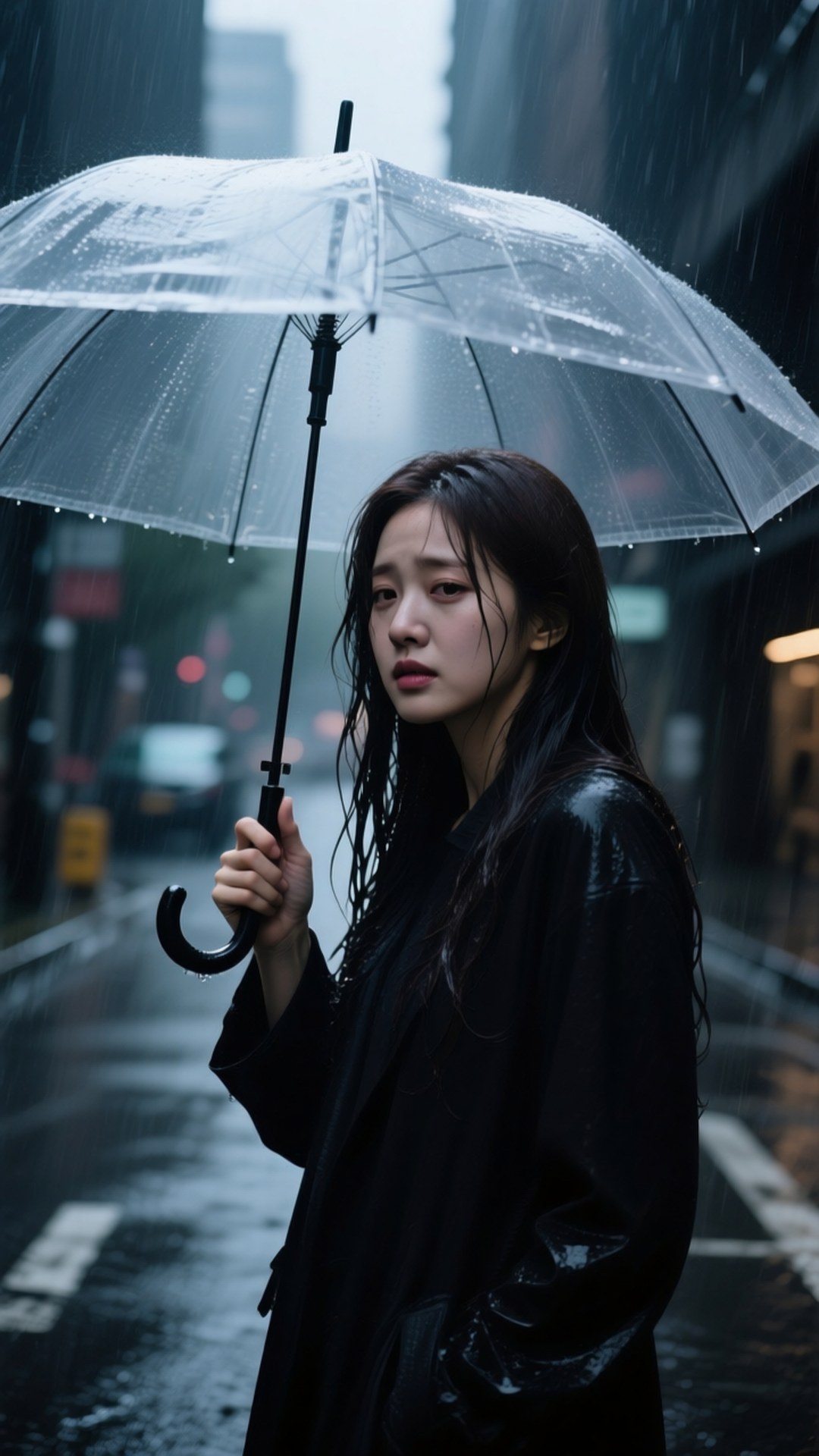 Rainy Day Taeyeon 壁紙 — 一位年輕女子濕著頭髮，在夜晚的城市街道上撐著透明雨傘，雨點落下。
