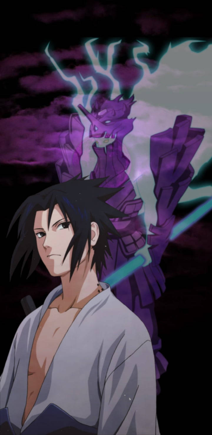 動漫忍者身後有發光紫色龍在風暴天空 — Sasuke 壁紙