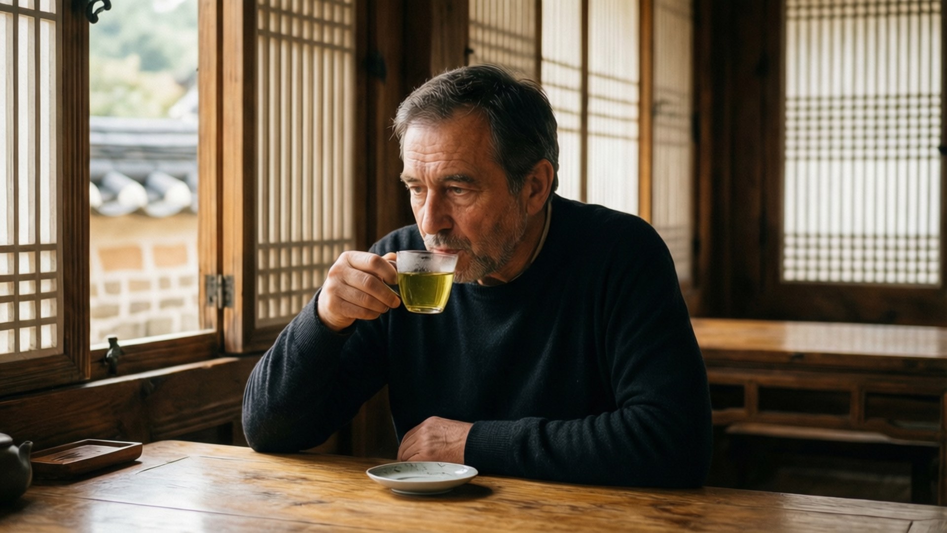 Tea Time Serenity 壁紙 — 一位年長男性在傳統韓式木造房間內，透過格子窗啜飲綠茶。