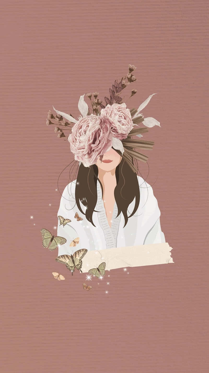  壁紙 — 一位寧靜的插畫女性，長長的黑髮，戴著由粉紅玫瑰和乾花製成的花冠，背景是柔和的粉紅色紋理背景，蝴蝶翩翩飛舞。