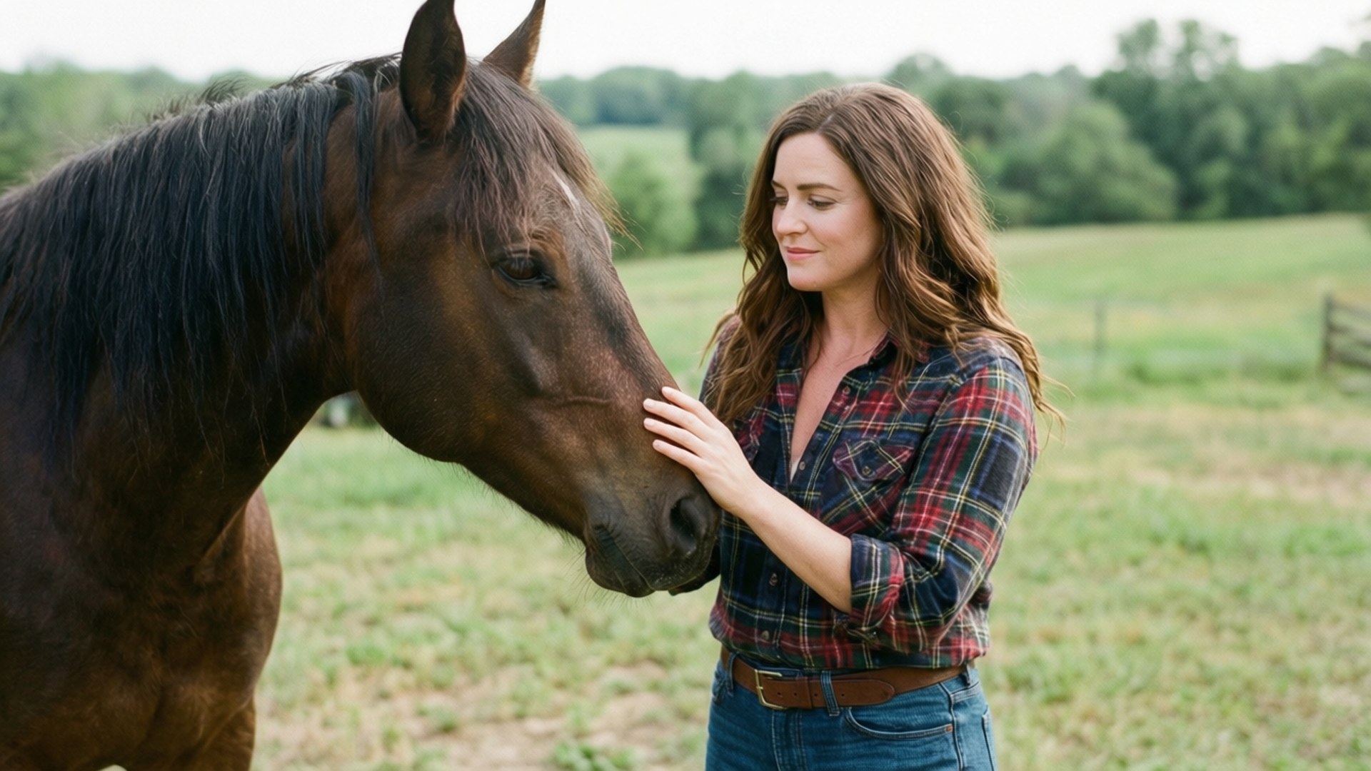 Countryside Horse Friend 壁紙 — 一位身穿格紋襯衫的女人在陽光照耀的草地上輕輕撫摸一匹棕色馬的鼻子，背景有樹木。
