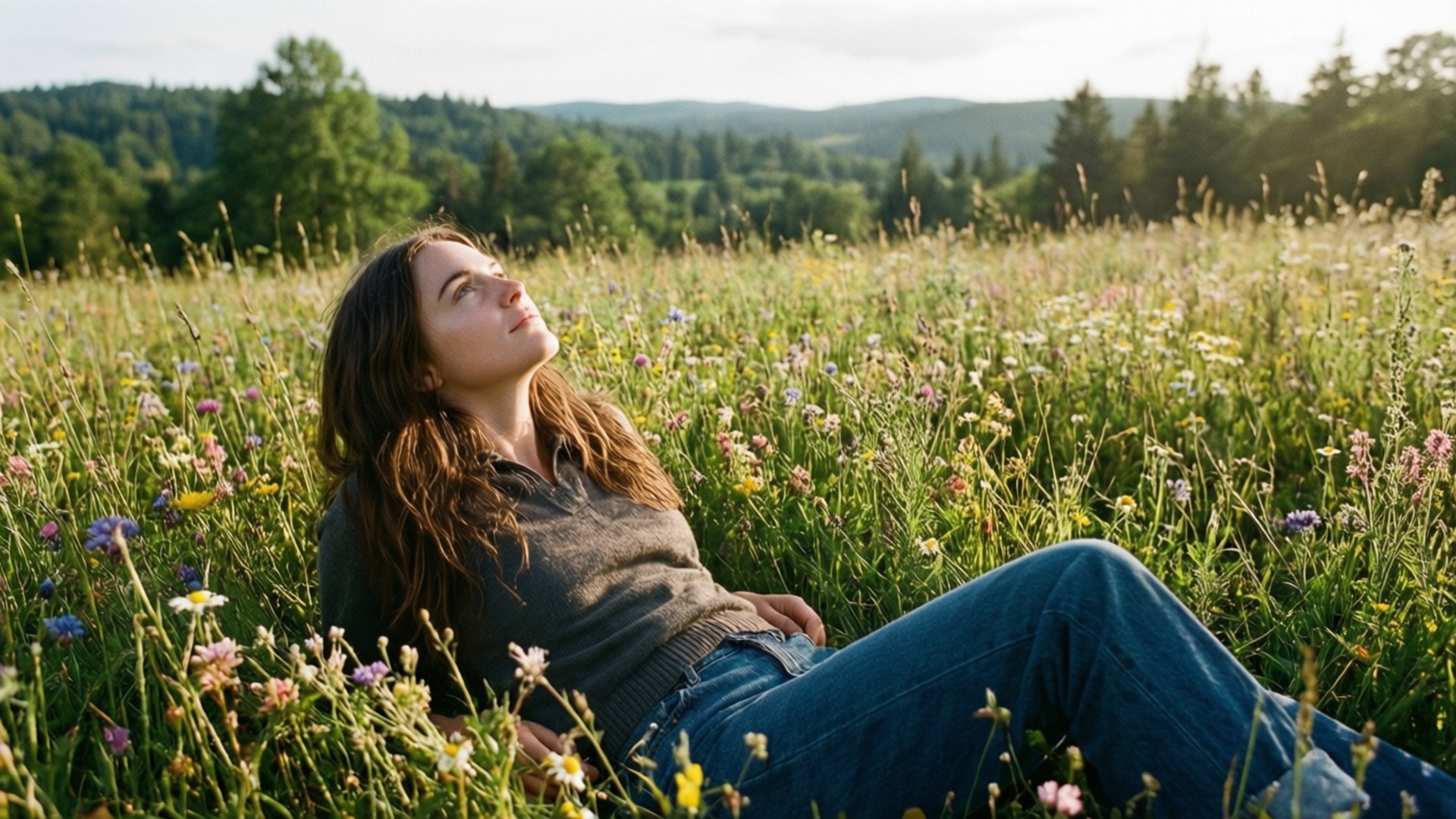 Wildflower Field 壁紙 — 一位女士在陽光明媚、長滿野花和雜草的草地上放鬆躺臥，天空柔和。