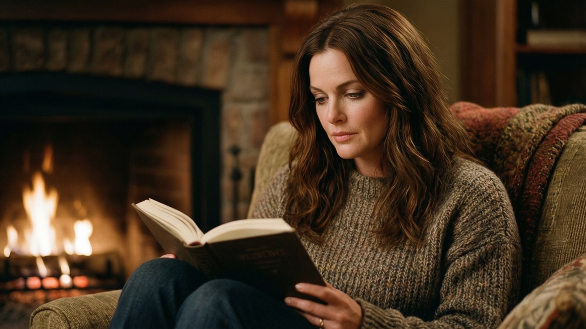Cozy Fireplace Reading 壁紙 — 一位棕色頭髮的女性坐在溫暖客廳裡點燃的壁爐旁的舒適扶手椅上閱讀一本書。