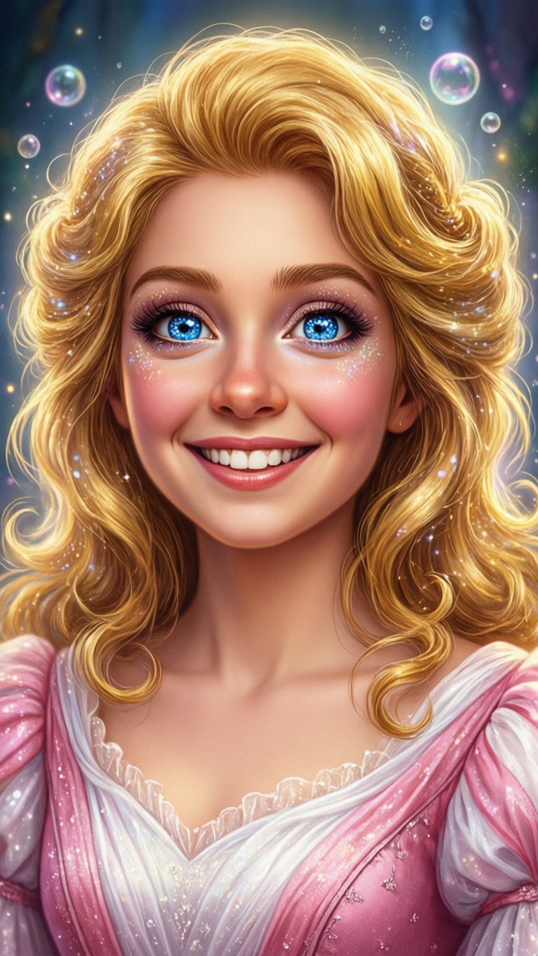 Wicked Musical 桌布 壁紙 — 一位閃耀的金髮公主，擁有閃爍的藍眼睛，在充滿魔法泡泡的暮色天空中溫暖微笑。