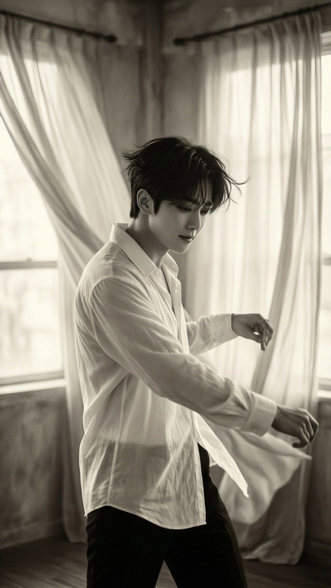 Taemin Graceful Dance 壁紙 — 一位身穿白襯衫的年輕男子優雅地站在柔和的自然光沐浴下的薄紗窗簾旁。