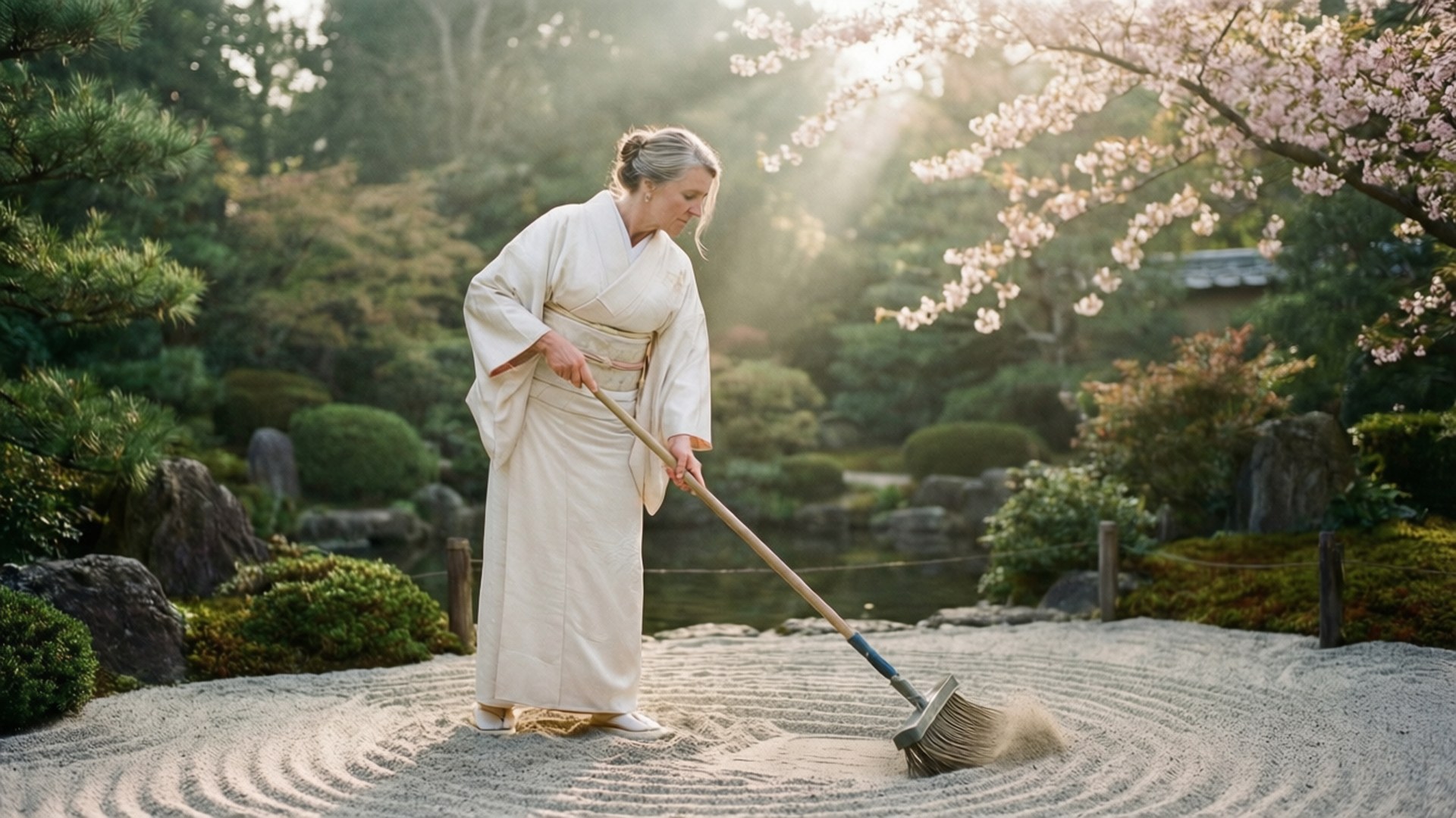 Zen Garden Serenity 壁紙 — 一位身穿白色和服的女士在盛開的櫻花樹下，在寧靜的日本花園中耙沙。