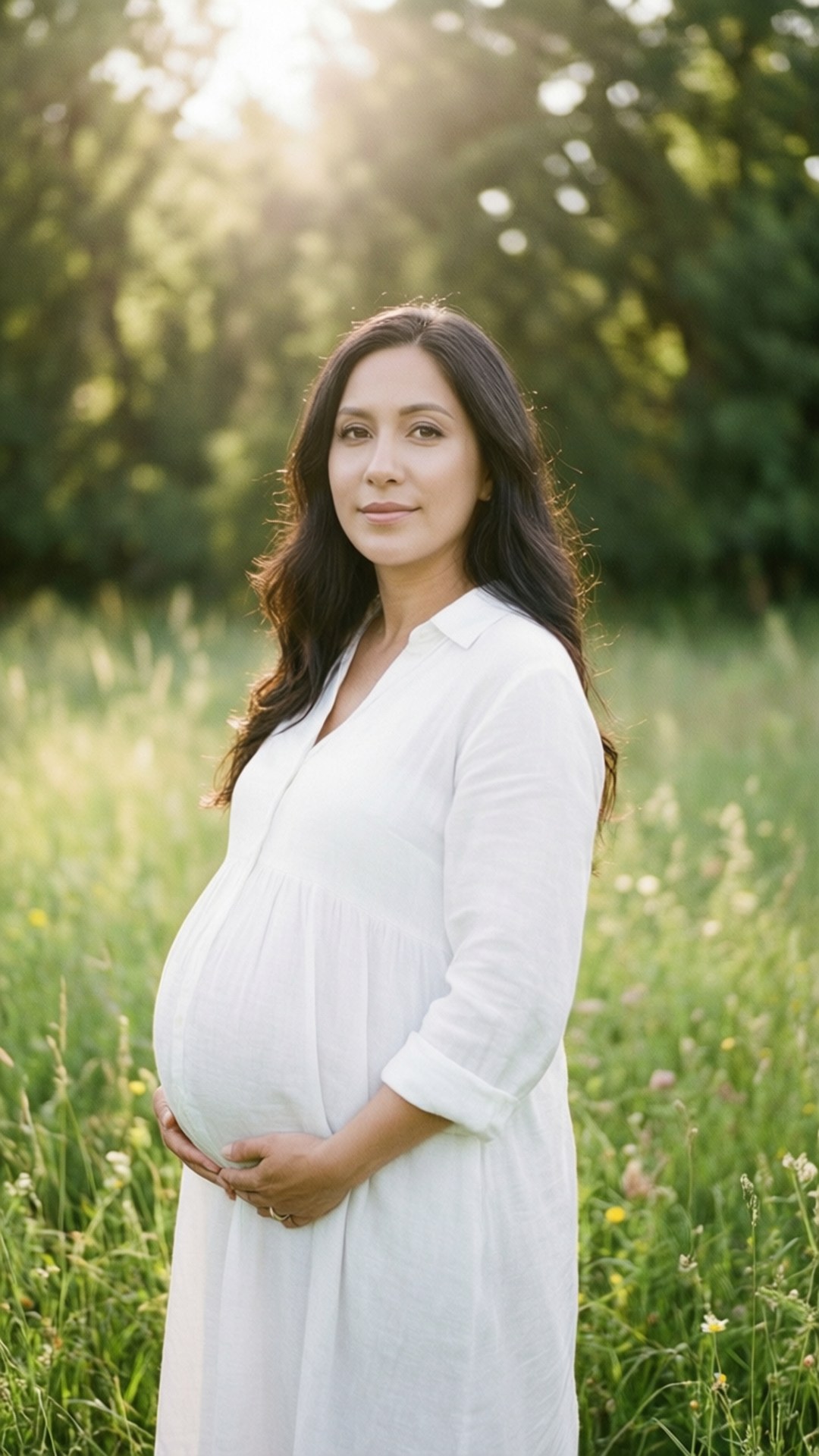 Monica Pregnant in Meadow 壁紙 — 一位身穿白色連衣裙的寧靜孕婦，在陽光明媚的綠草和樹木中輕輕地抱著她的肚子。