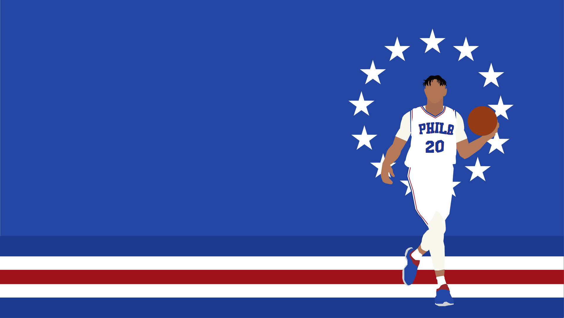 身穿白色球衣的籃球運動員在星星和條紋背景中持球。 — NBA 壁紙
