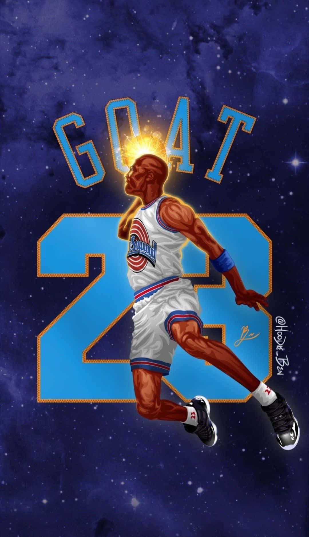 身穿白色球衣的籃球運動員在星空宇宙背景下與「GOAT」和「23」一起躍起。 — NBA 壁紙