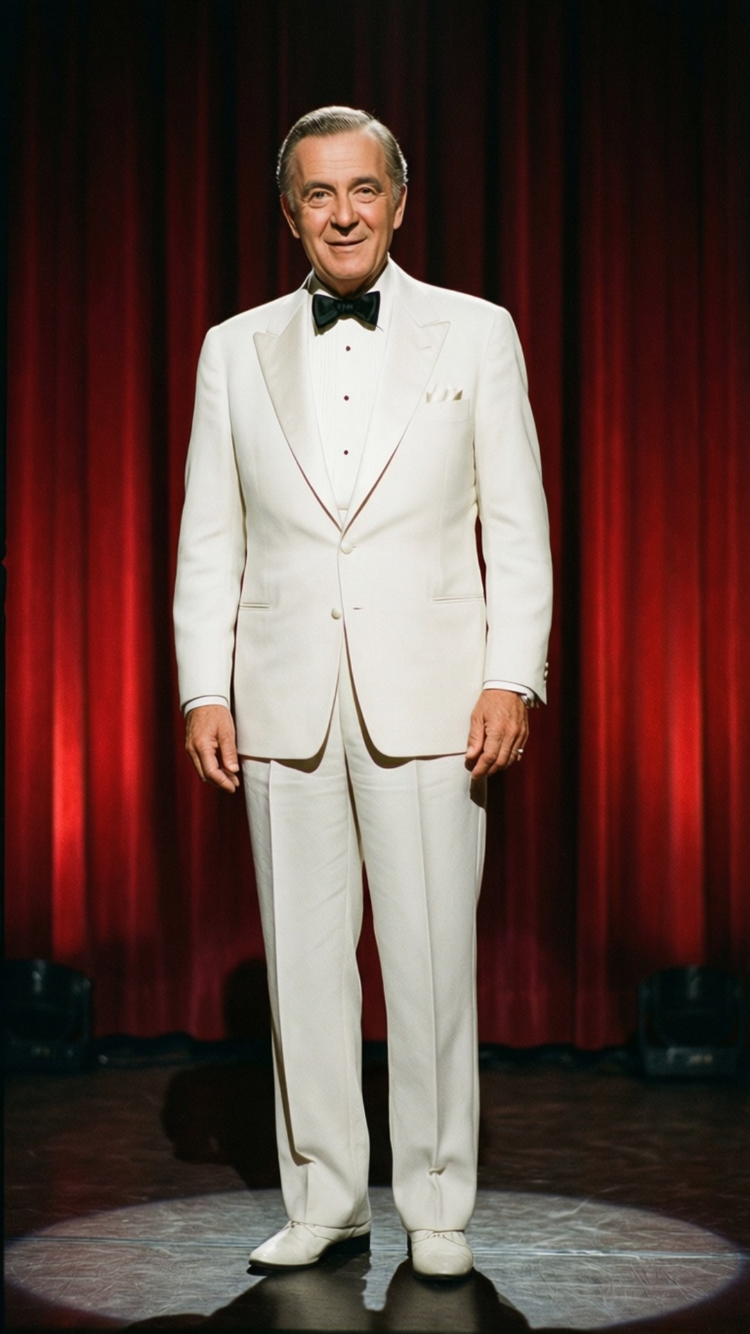 White Tuxedo Elegance 壁紙 — 一位身穿白色燕尾服、面帶微笑的男子站在舞台中央，聚光燈下，背景是濃郁的紅色帷幕。