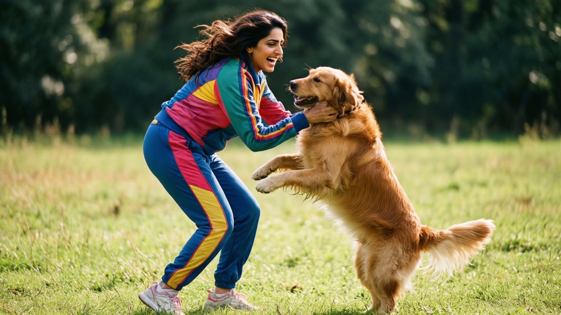 Playful Dog Companion 壁紙 — 一位身穿彩色運動服的快樂女性，在陽光明媚的草地上與一隻向她跳躍的金毛尋回犬玩耍。
