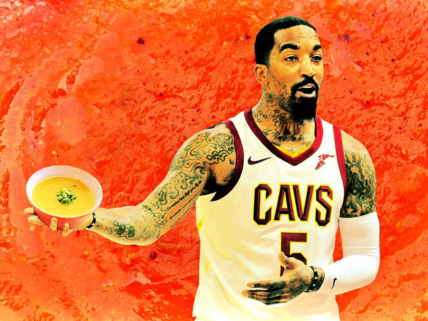  壁紙 — 一位身穿Cavs球衣、有刺青的籃球運動員，在火熱橙色紋理背景前拿著一碗湯。