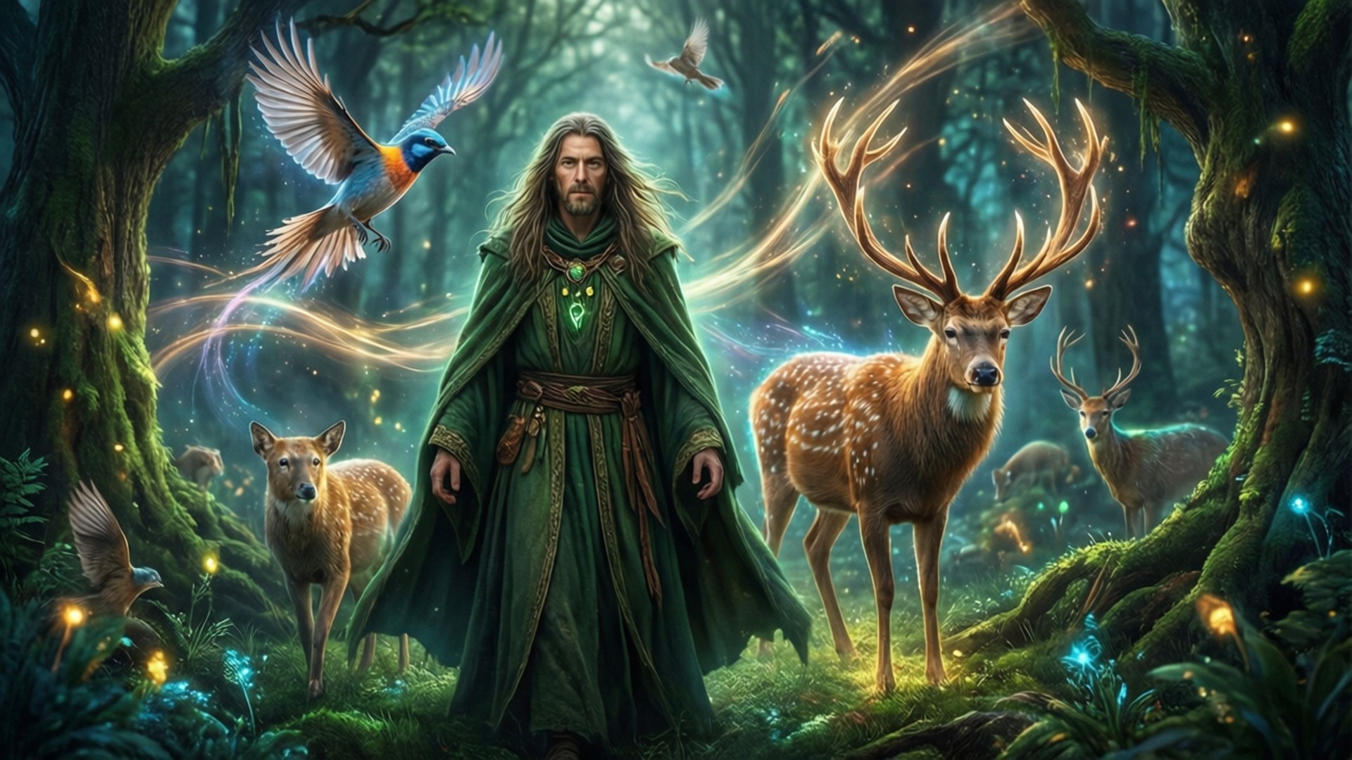 Druid's Grove 壁紙 — 一位身穿長袍的巫師站在一個充滿魔法光芒的神秘森林中，鹿和鳥圍繞著他。