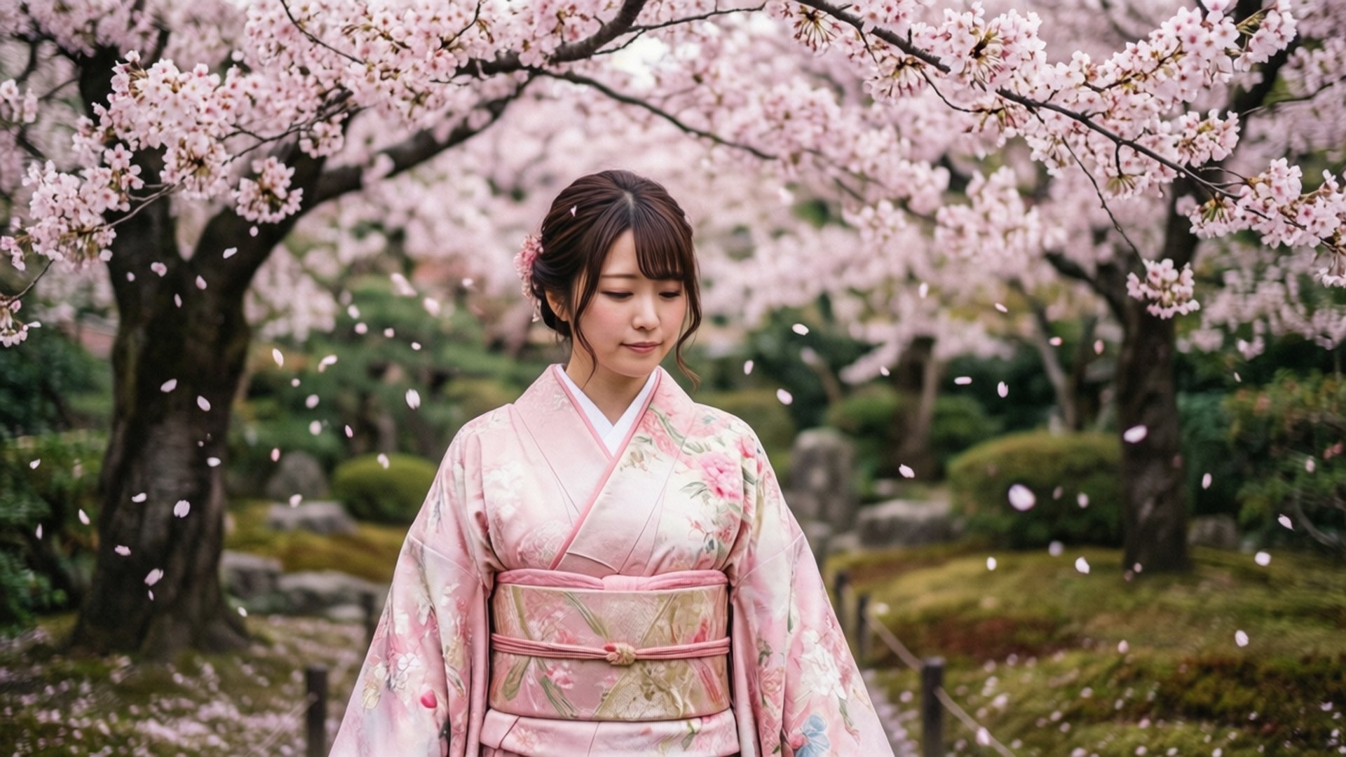 Maya Kihara 桌布 壁紙 — 一位身穿粉紅花卉和服的寧靜女子，站在盛開的櫻花樹冠下，花瓣輕輕飄落在她周圍。