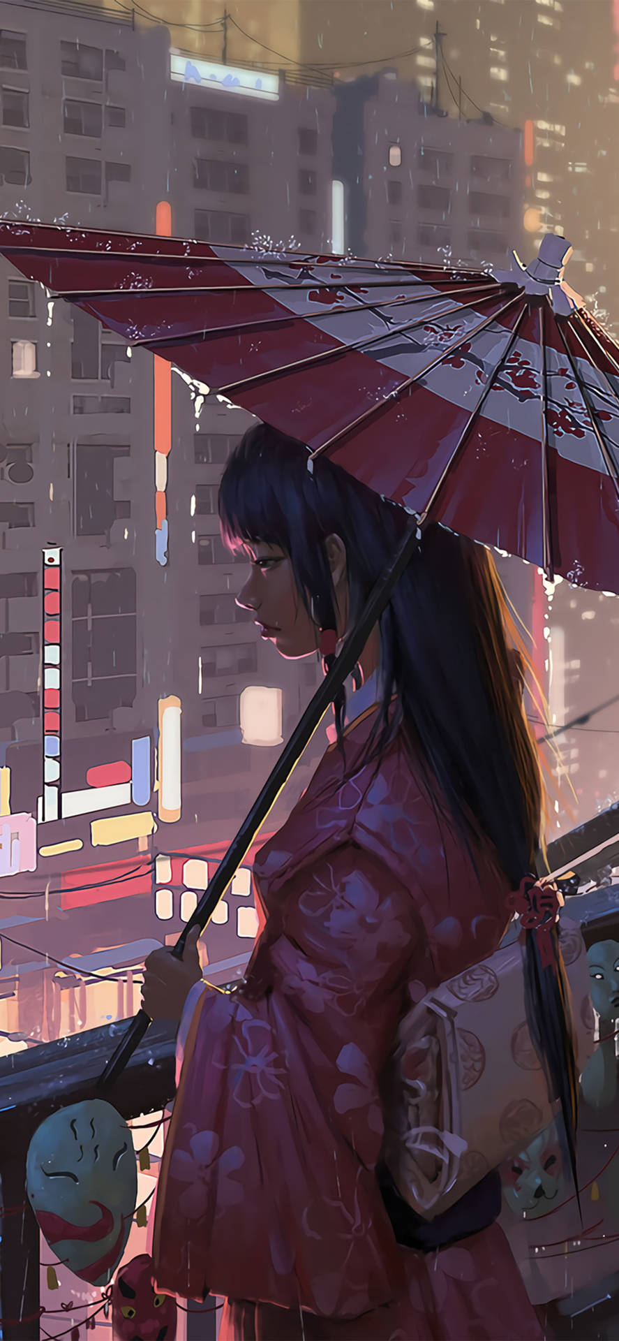 身穿粉紅色和服的女子在雨夜撐傘俯瞰發光的城市。 — 日式美學 iPhone 壁紙 壁紙