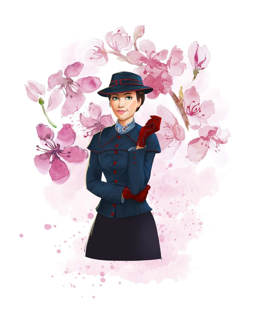  壁紙 — 一位身穿海軍藍外套和帽子的開朗女性，被水彩風格的柔和粉紅櫻花包圍。