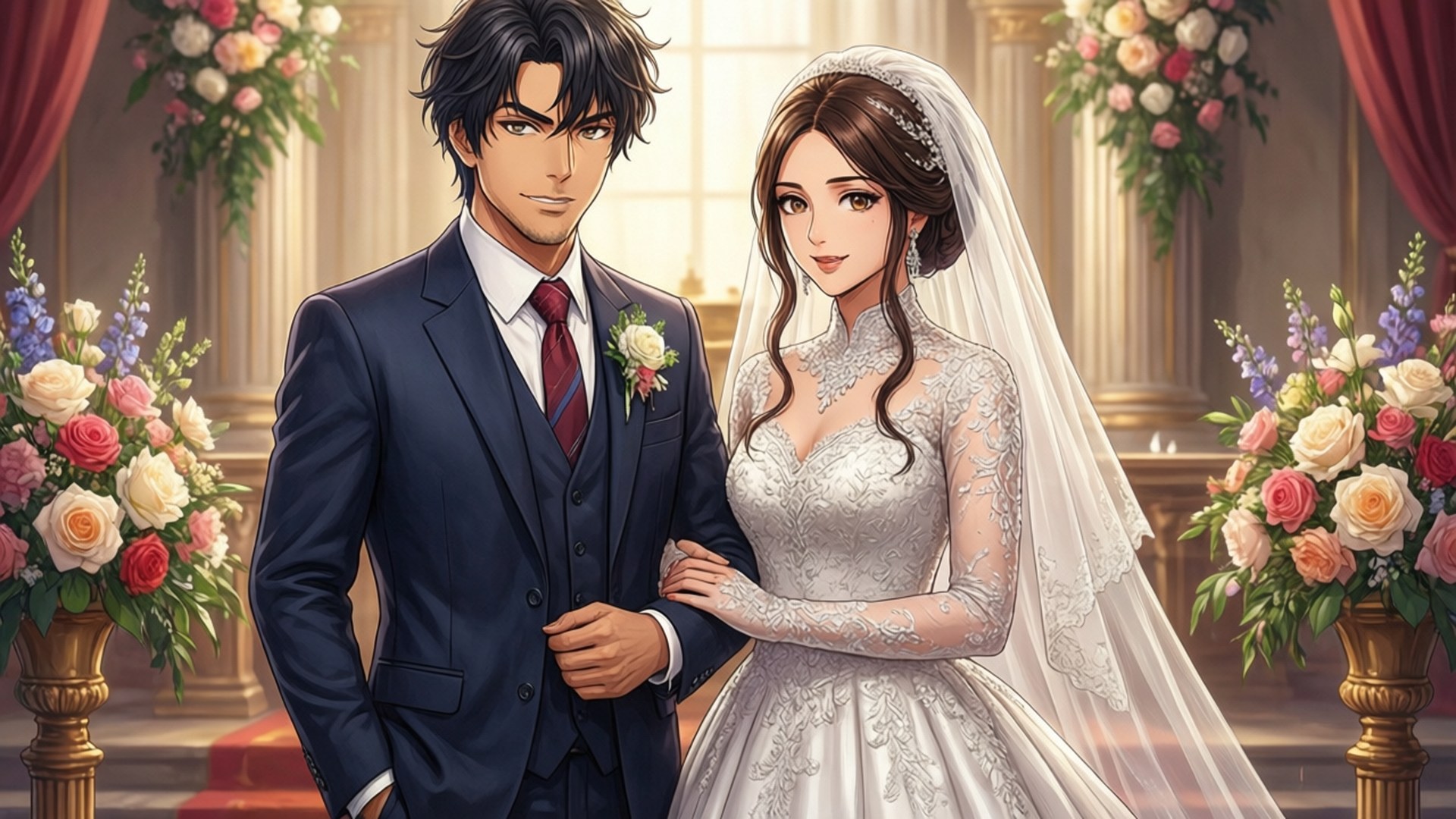 Wedding Day 壁紙 — 一位身穿海軍藍西裝的新郎和一位身穿蕾絲婚紗的新娘在一個佈滿鮮花的大教堂裡手牽手站著。