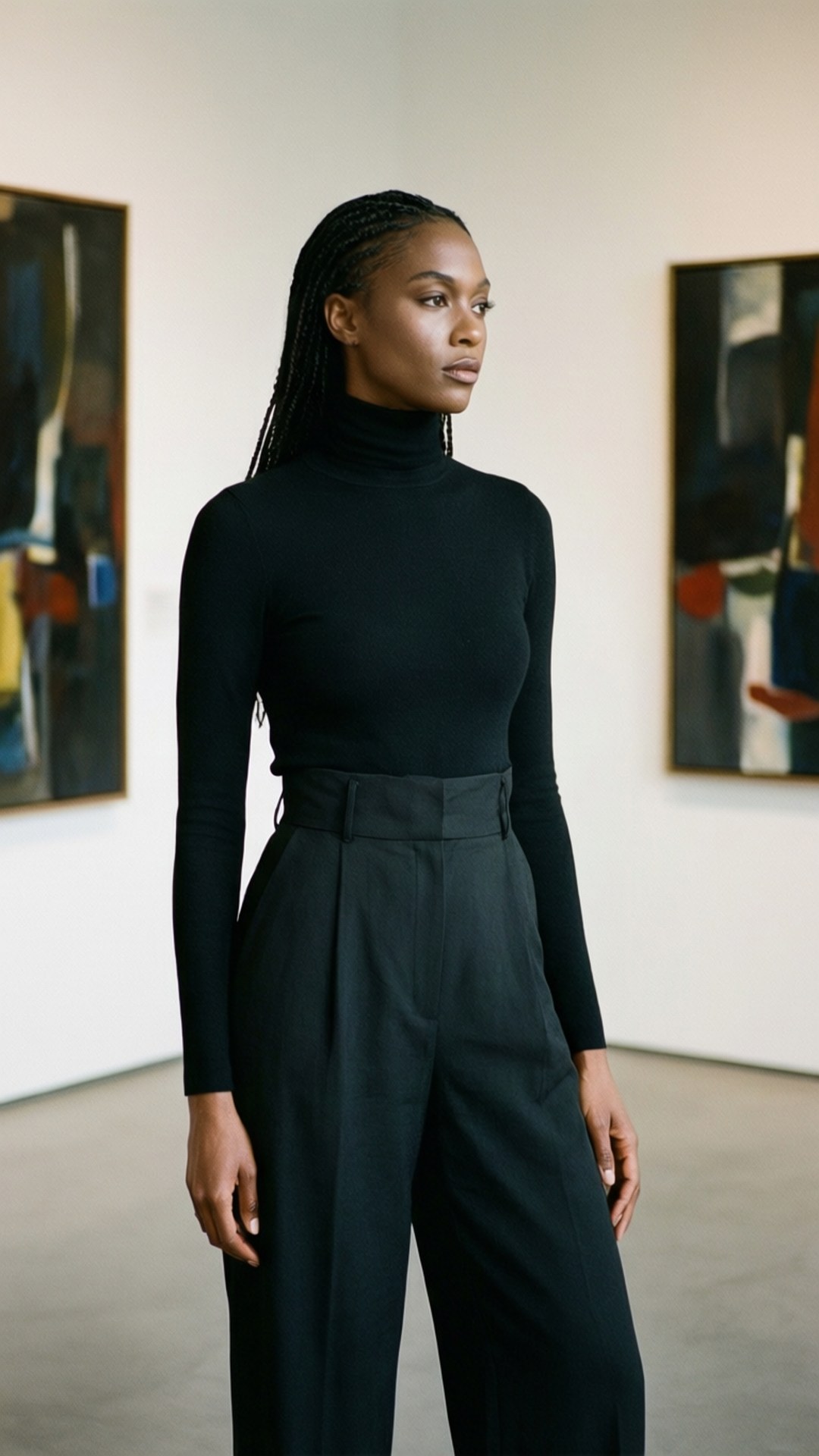 joan smalls 桌布 壁紙 — 一位身穿黑色高領毛衣和高腰褲的優雅女士，站在極簡主義畫廊中欣賞白色牆上的抽象藝術。