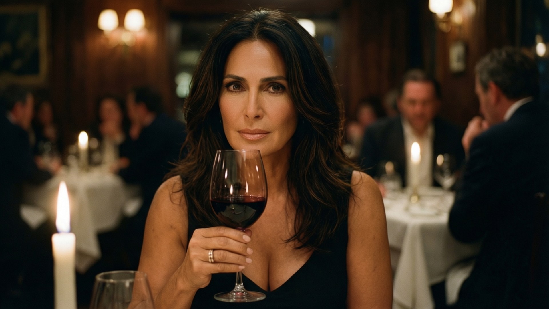 Salma Hayek Wine Dinner 壁紙 — 一位身穿黑色連衣裙的女性在燭光餐廳中手持一杯紅酒，背景有模糊的顧客。