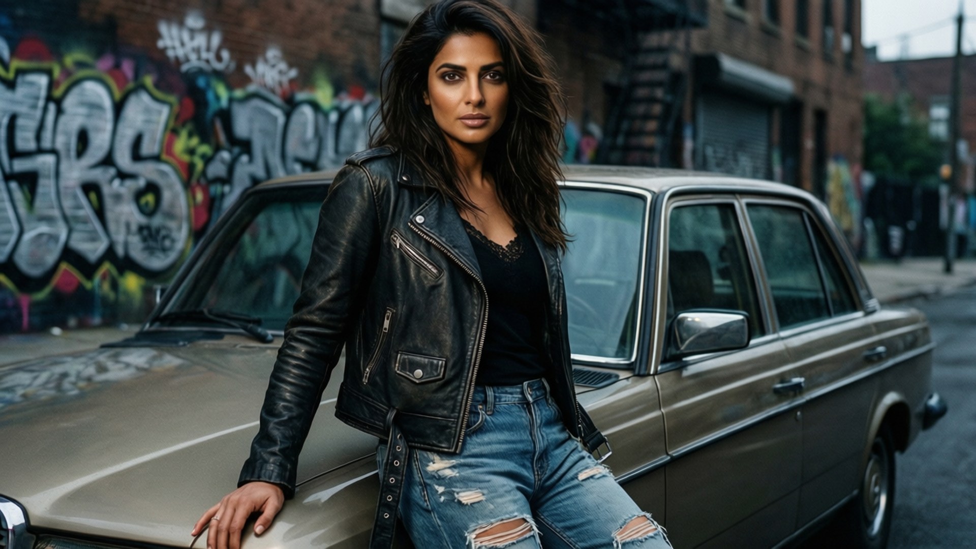 Edgy Urban Style 壁紙 — 一位身穿黑色皮夾克和破洞牛仔褲的女性靠在一輛復古米色汽車旁，旁邊是佈滿塗鴉的磚牆。