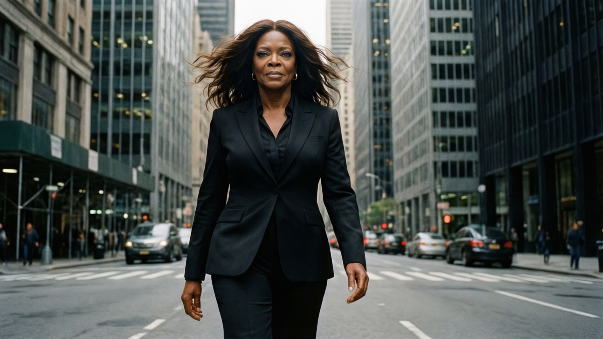 Oprah's City Power Walk 壁紙 — 一位身穿黑色西裝的女性自信地走在兩旁高樓林立的繁華城市街道上。