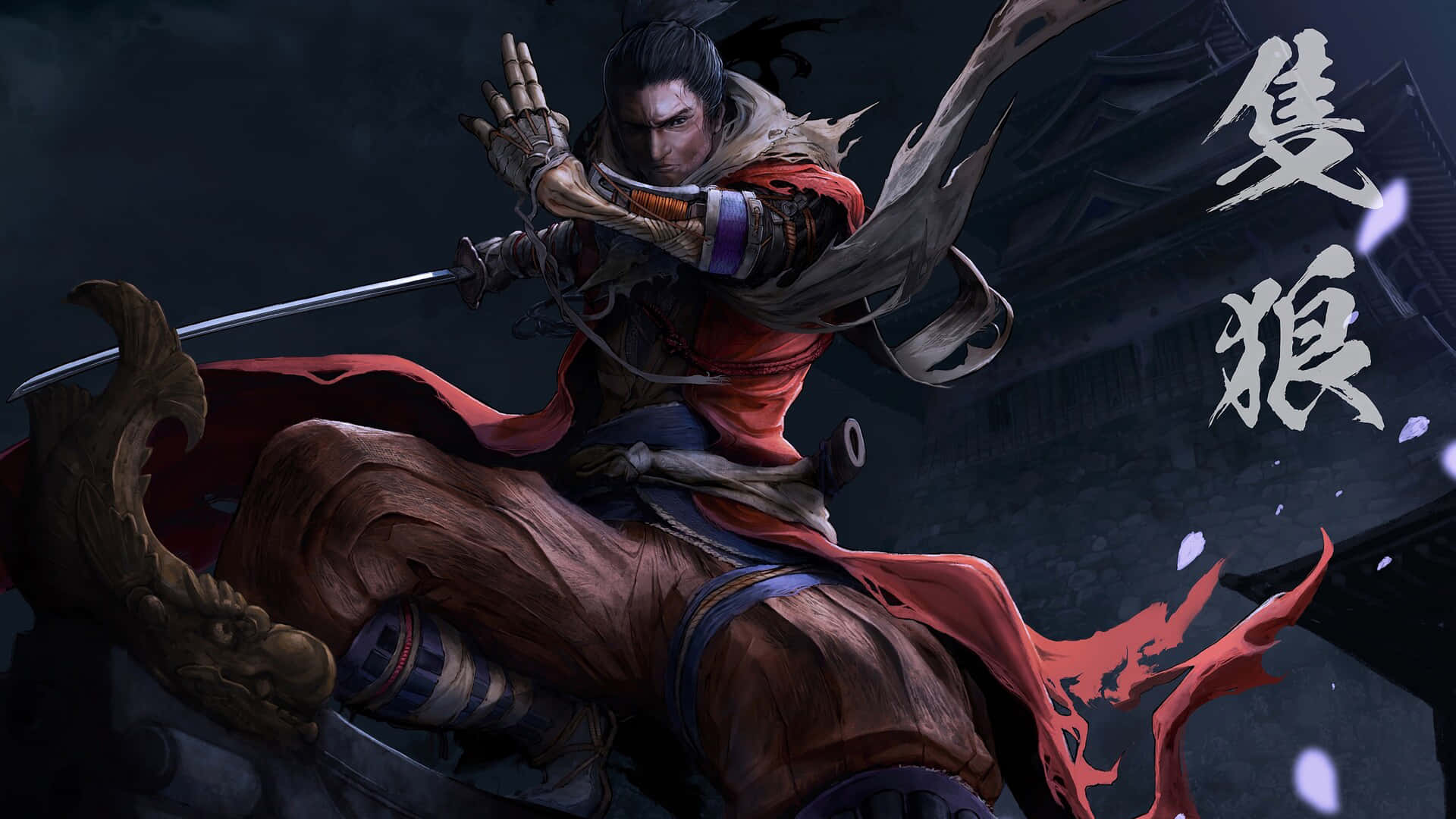  壁紙 — 一位身穿紅棕色盔甲的武士武士，在黑暗的傳統日本背景下，拔劍動態跳躍。