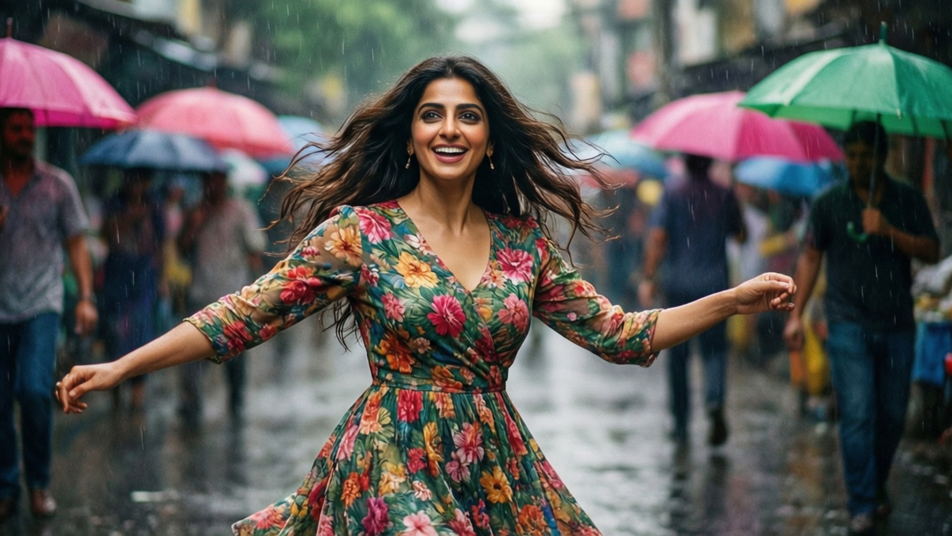 Monsoon Dance 壁紙 — 一位身穿花卉連衣裙的快樂女子在雨中的街道上跳舞，色彩繽紛的雨傘點綴著模糊的背景。