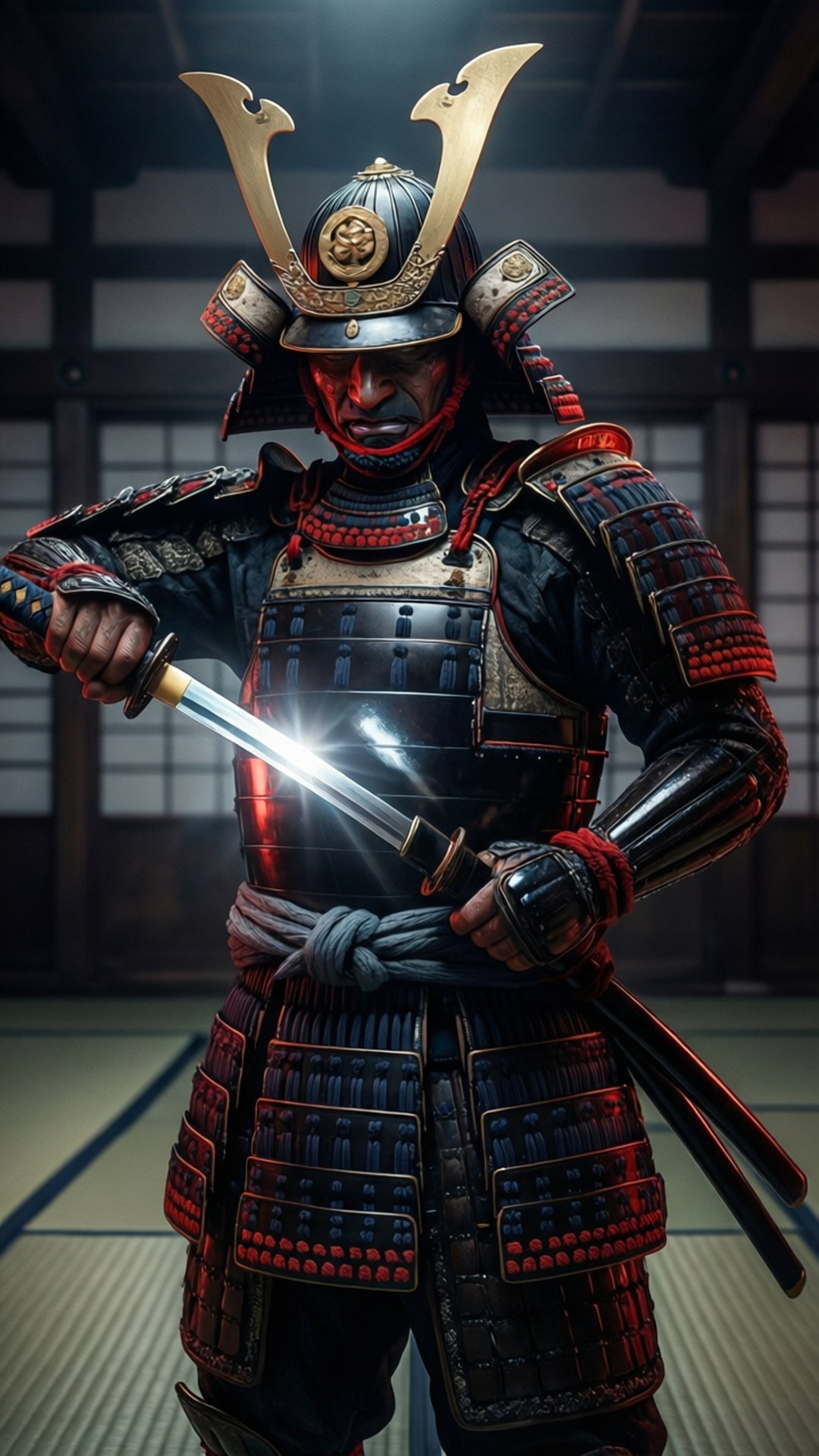 Samurai Warrior 壁紙 — 一位身穿華麗黑紅盔甲的武士戰士在傳統木製道場中手持閃閃發光的武士刀，蓄勢待發。