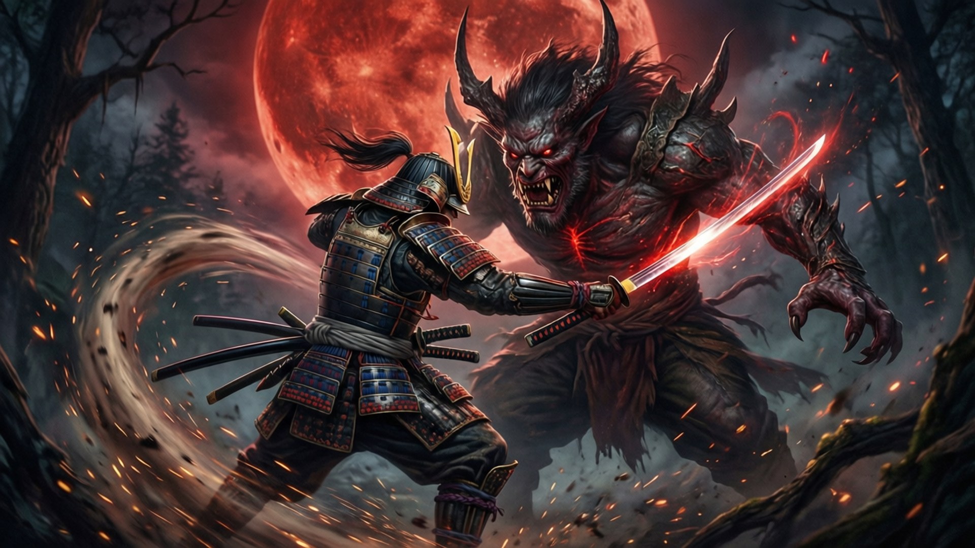 Ronin 桌布 壁紙 — 一位身穿華麗盔甲的武士在黑暗森林中，血紅月亮下與惡魔野獸交鋒。