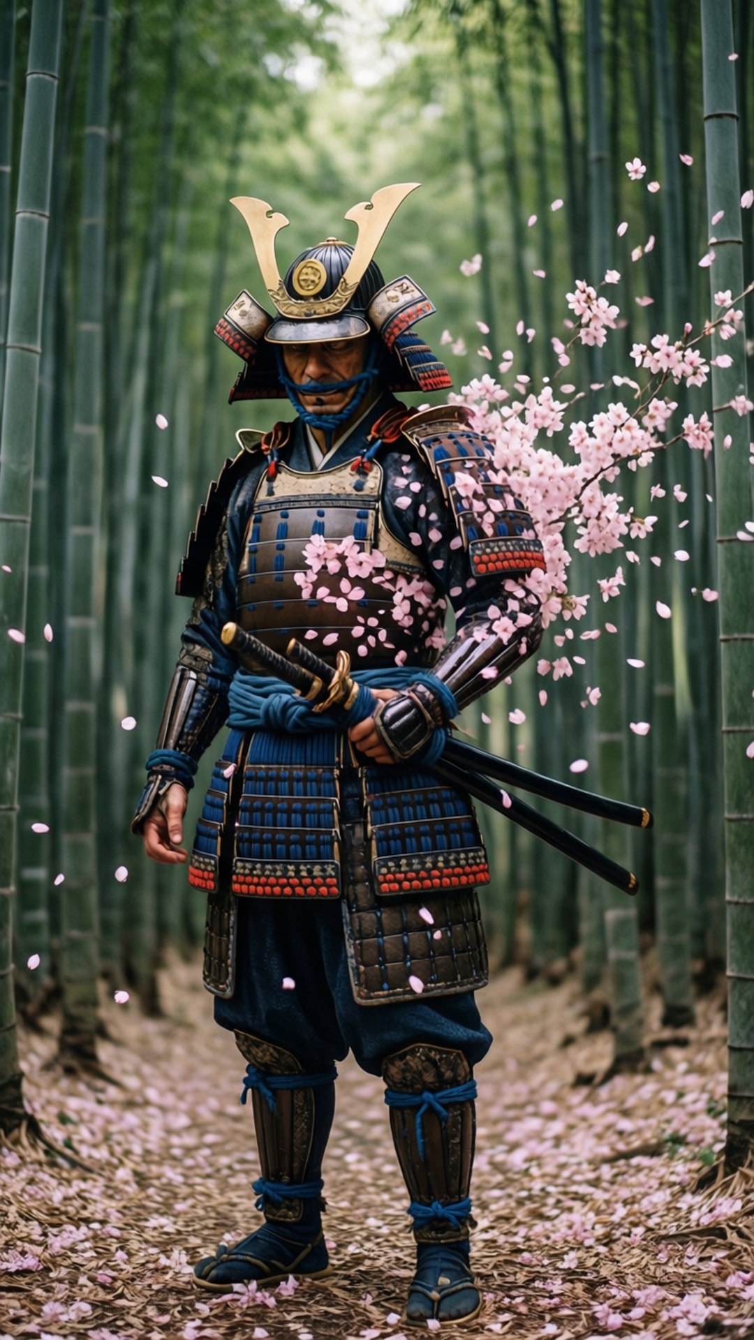 消失 桌布 壁紙 — 一位身穿華麗藍金色鎧甲的武士，莊嚴地站在竹林裡，粉紅色的櫻花在他周圍飄落。