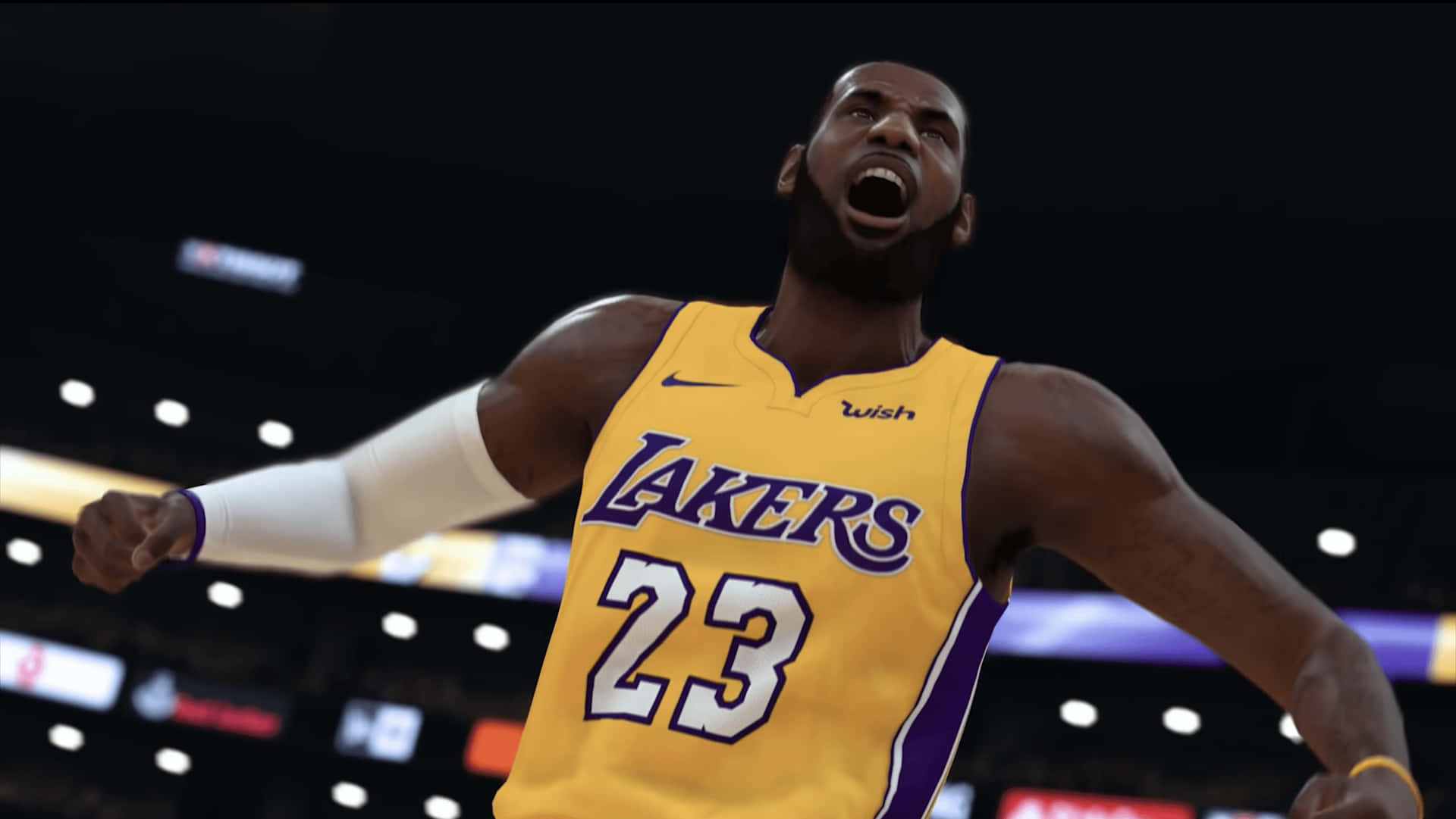 身穿湖人隊球衣的籃球運動員在場館中慶祝勝利。 — NBA 壁紙